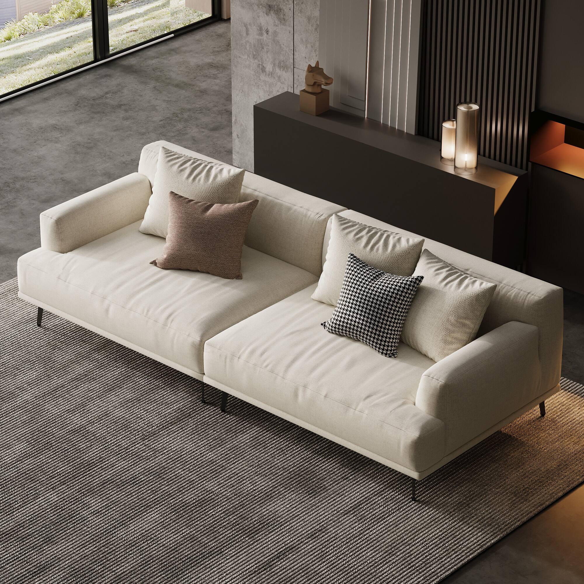 Left. luck idea - 110.2" Breathable Cotton-Linen Fabric Sofa, Solid Wood Frame, High-Elastic Sponge Seat Cushion - Light Beige.