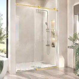 RYHNUYNE - 56-60 In W X 76 In H Single Sliding Shower Door, 1/4 In Clear Tempered Glass Finish - Brushed Gold