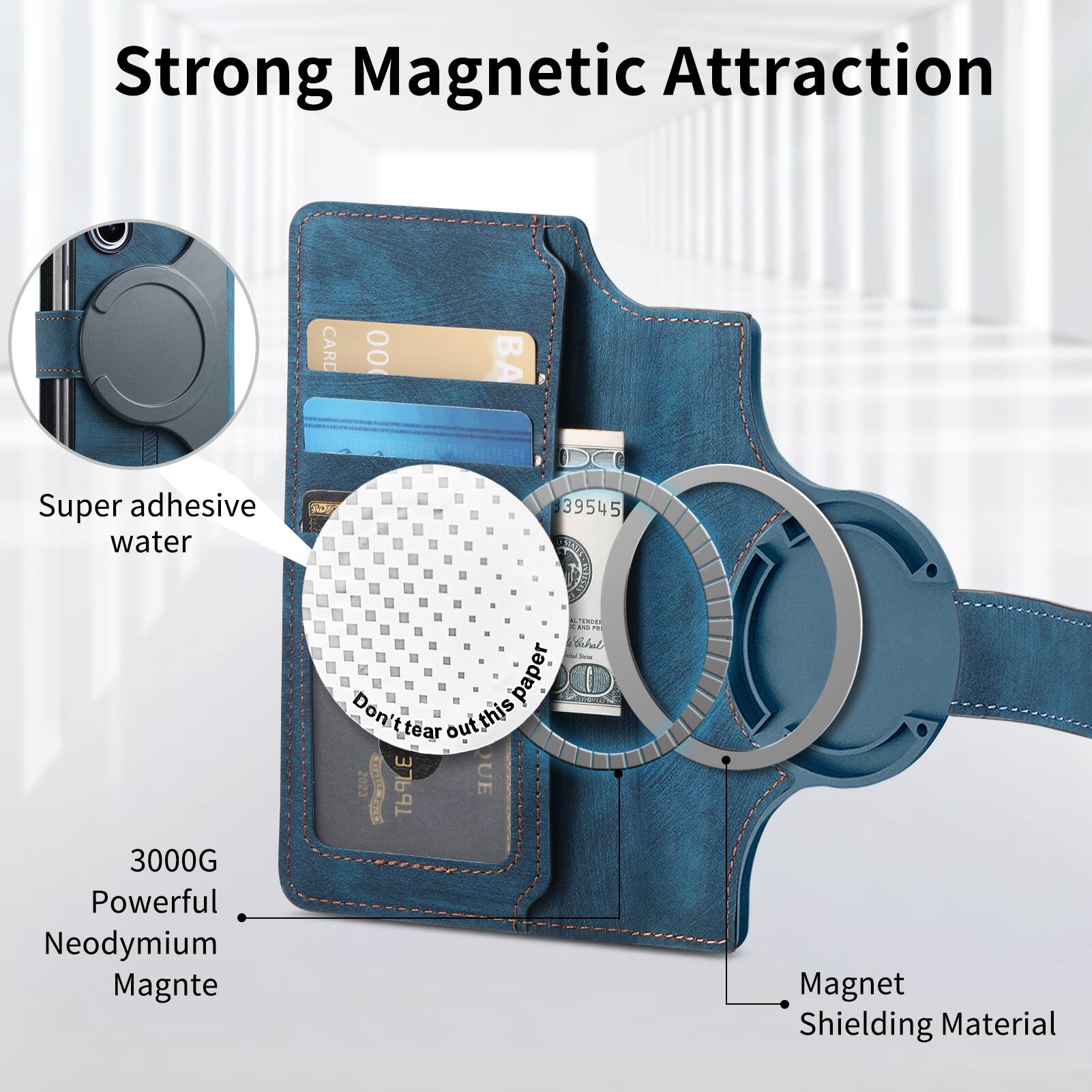 Strong Magnetic Attraction  
CARD 00 B F  
Super adhesive water  
39545 A  
3000G Powerful Neodymium Magnet  
T00 - - ahal - paper  
Don't tear out this paper  
2023  
LE UE  
Magnet Shielding Material