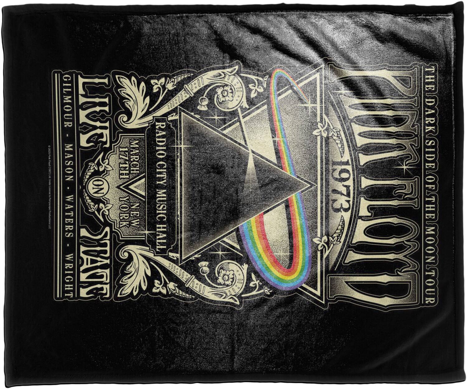 Sure, here is the corrected and grouped text from the image:

---

**Pink Floyd**

**The Dark Side of the Moon Tour**

**1973**

**Radio City Music Hall**

**New York**

**March 17th**

**Gilmour - Mason - Waters - Wright**

**No Waters**

**The Dark Side**

**8:00**

**The Moon Tour**

---

This text is arranged to reflect the layout and design of the image.