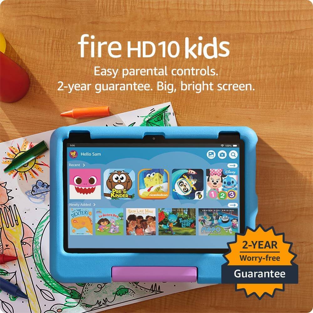 fire HD 10 kids  
Easy parental controls.  
2-year guarantee.  
Big, bright screen.  

Hello Sam  
Recent >  
Newly Added >  

DEXTER  
SKIN LIKE MINE  
Tumble  
ARPO  

2-YEAR Worry-free Guarantee