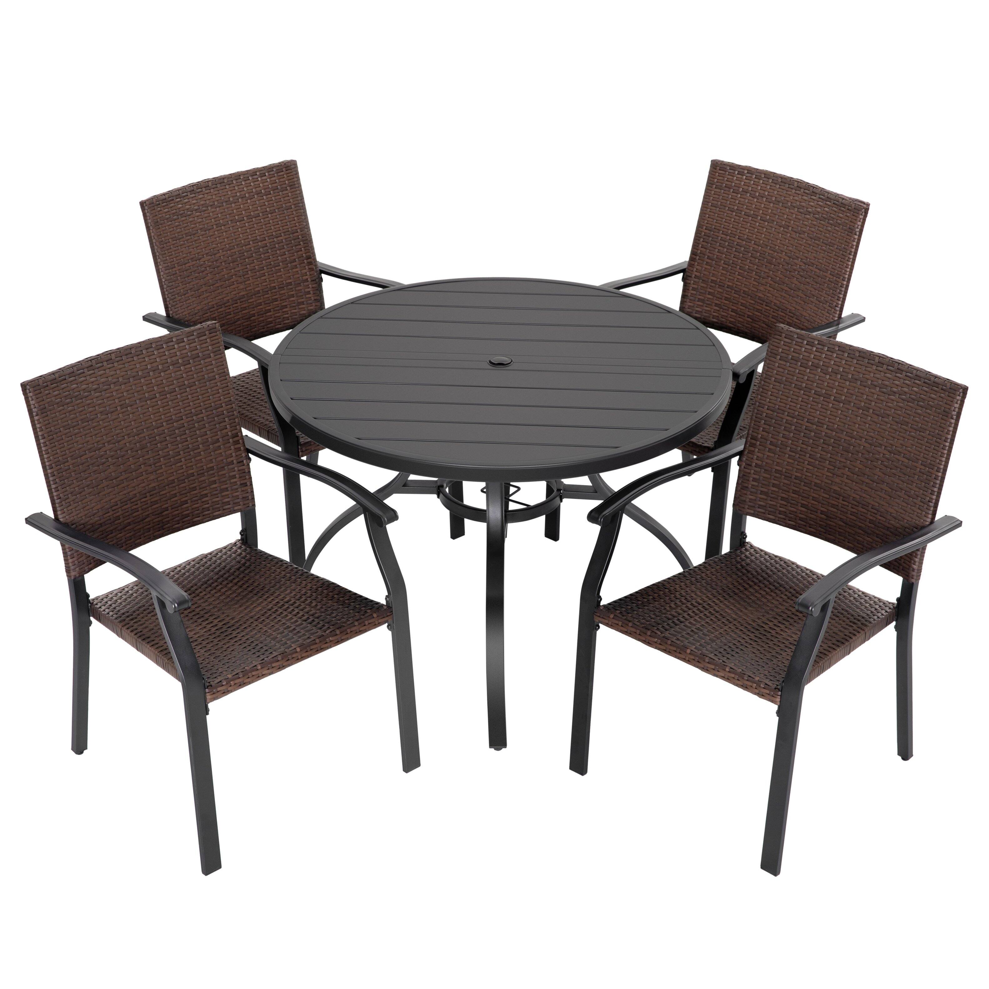 Angle. Nuu Garden - 5-Piece Wicker and Metal Round Outdoor Dining Set with Umbrella Hole - Black.