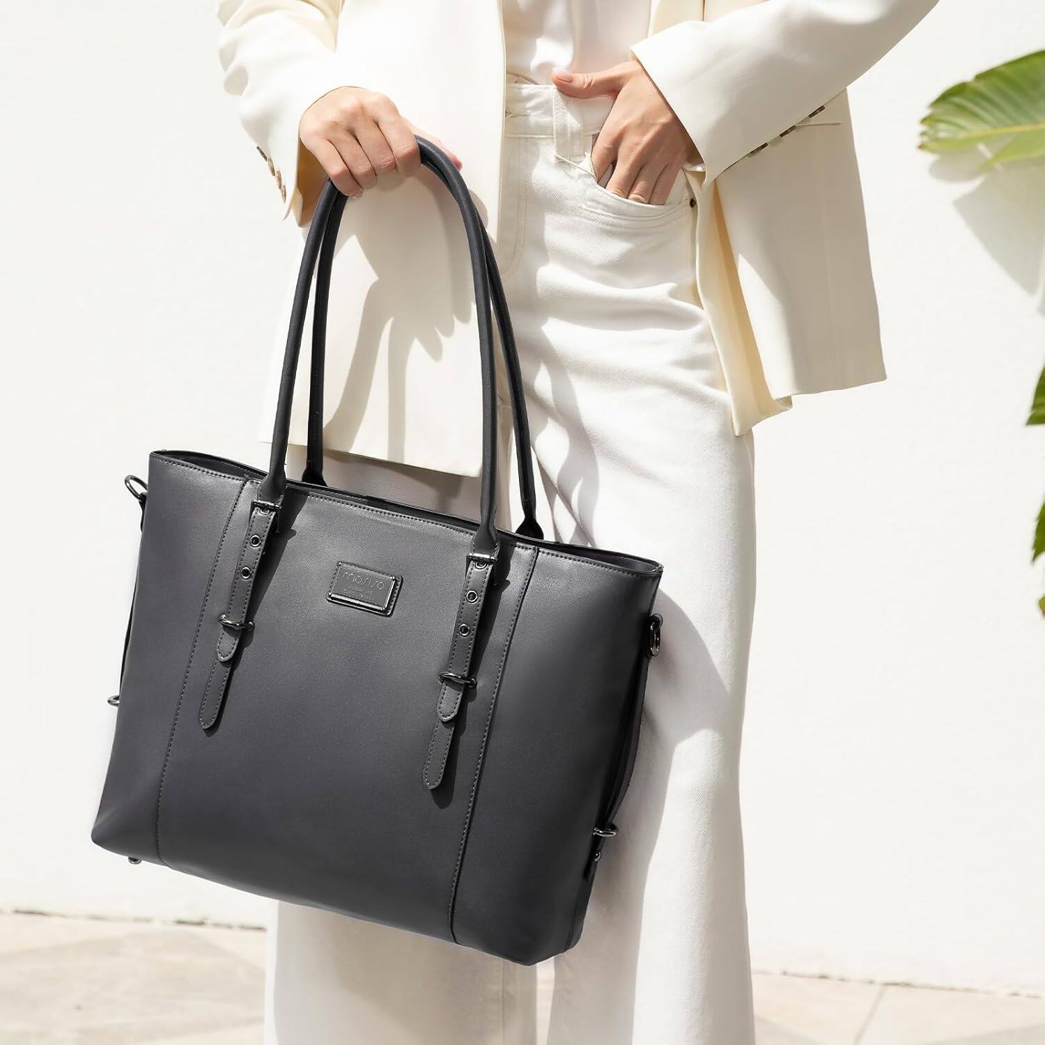Angle. mosiso - Waterproof PU Leather Laptop Bag for Women 13.3 Inch, Vintage Briefcase Tote Shoulder Computer Bag for Work & Office - Gray.
