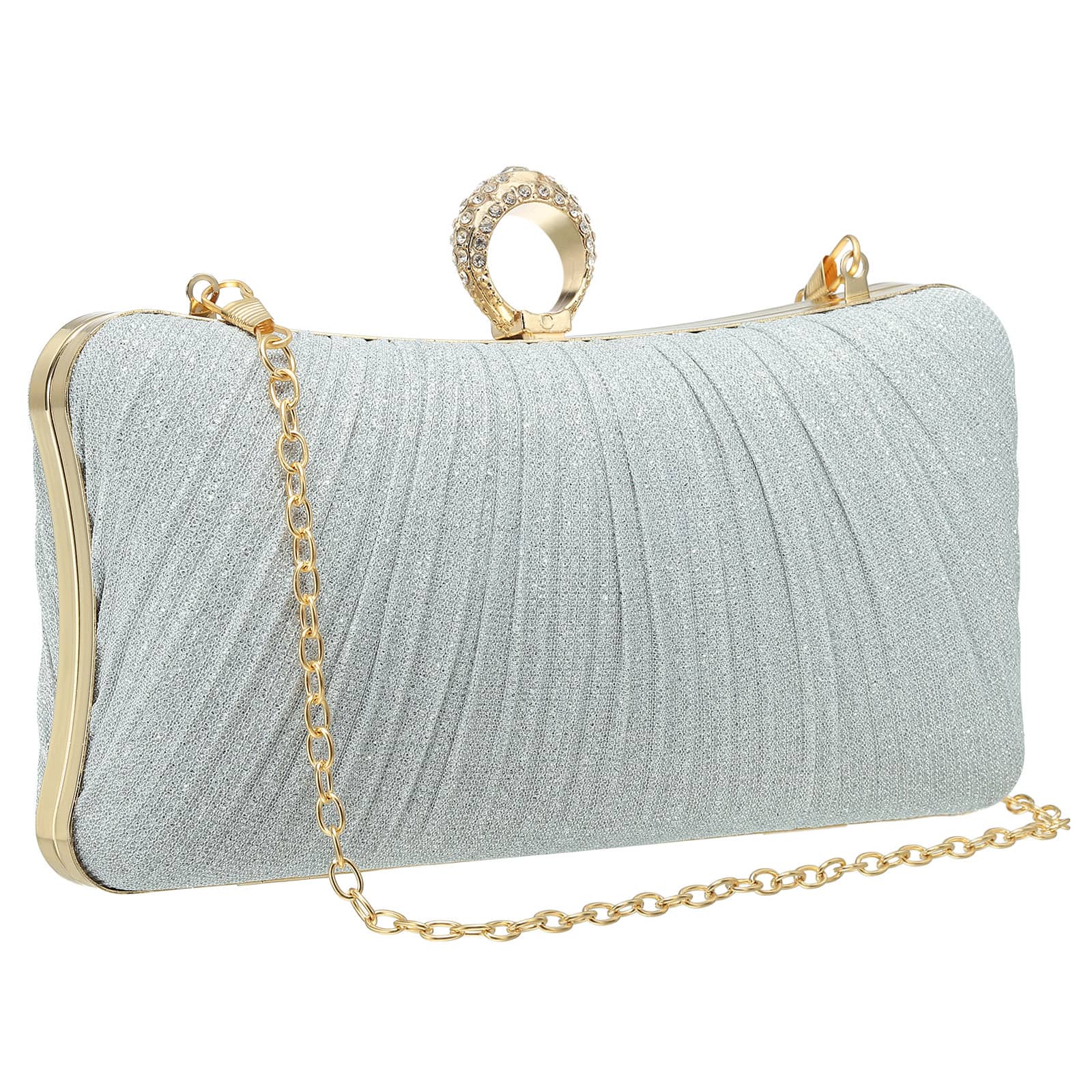 Unique Bargains - Sparkly Evening Clutch Purse for Women, Vintage Ring Rhinestone Buckle Clasp Handbag for Bridal Wedding 1920s Party - Silver