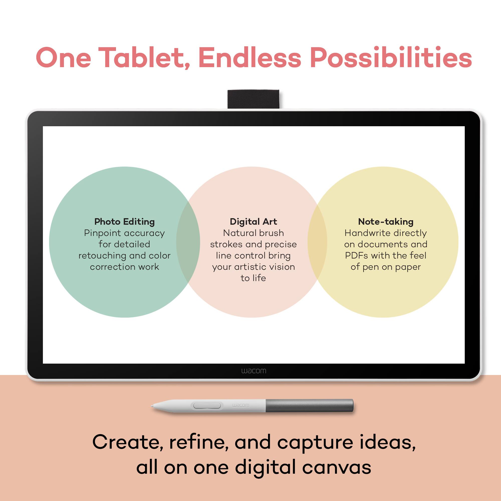 One Tablet, Endless Possibilities

Photo Editing  
Pinpoint accuracy for detailed retouching and color correction work

Digital Art  
Natural brush strokes and precise line control bring your artistic vision to life

Note-taking  
Handwrite directly on documents and PDFs with the feel of pen on paper

Create, refine, and capture ideas, all on one digital canvas
