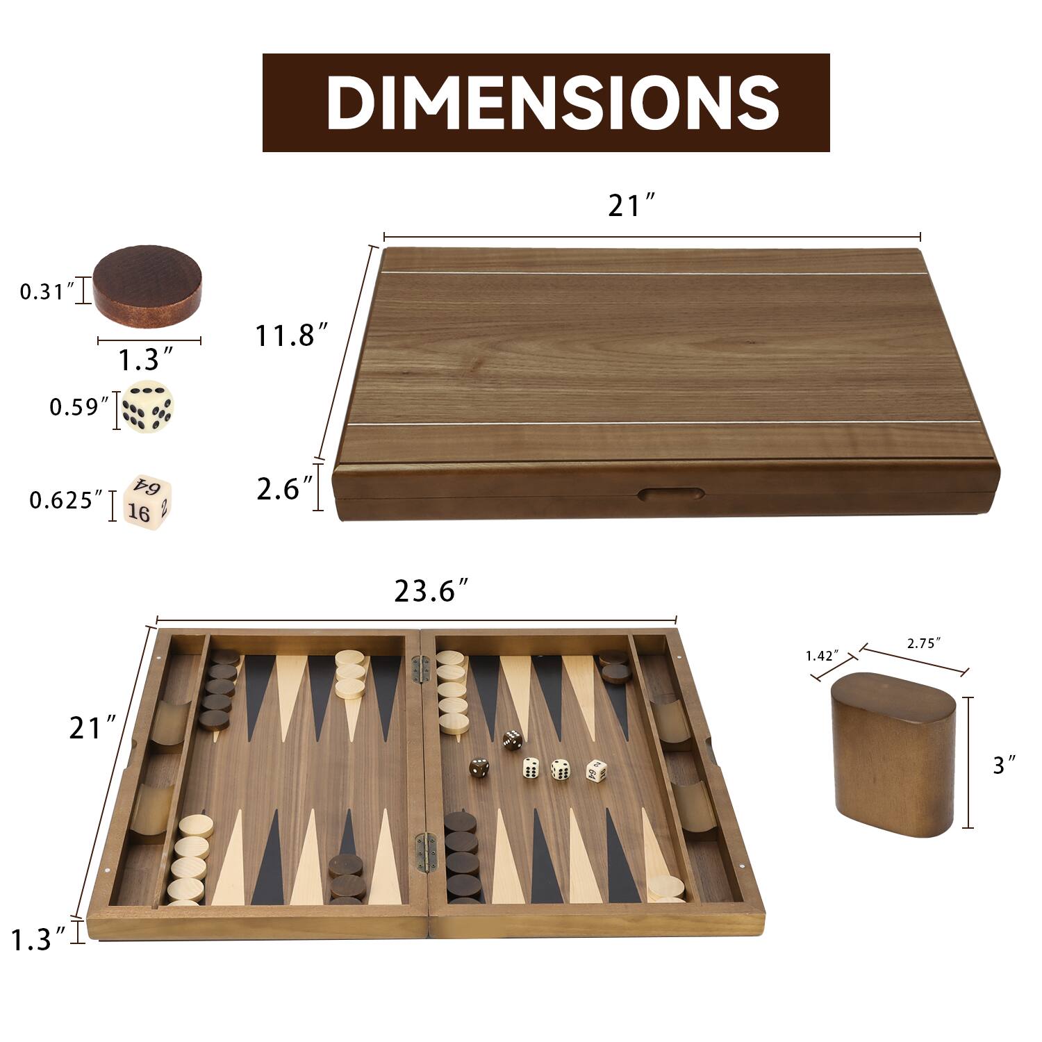 DIMENSIONS

21"
1.3"
11.8"
0.59"
0.625"
16"
2.6"
23.6"
1.42"
2.75"
21"
1.3"
3"