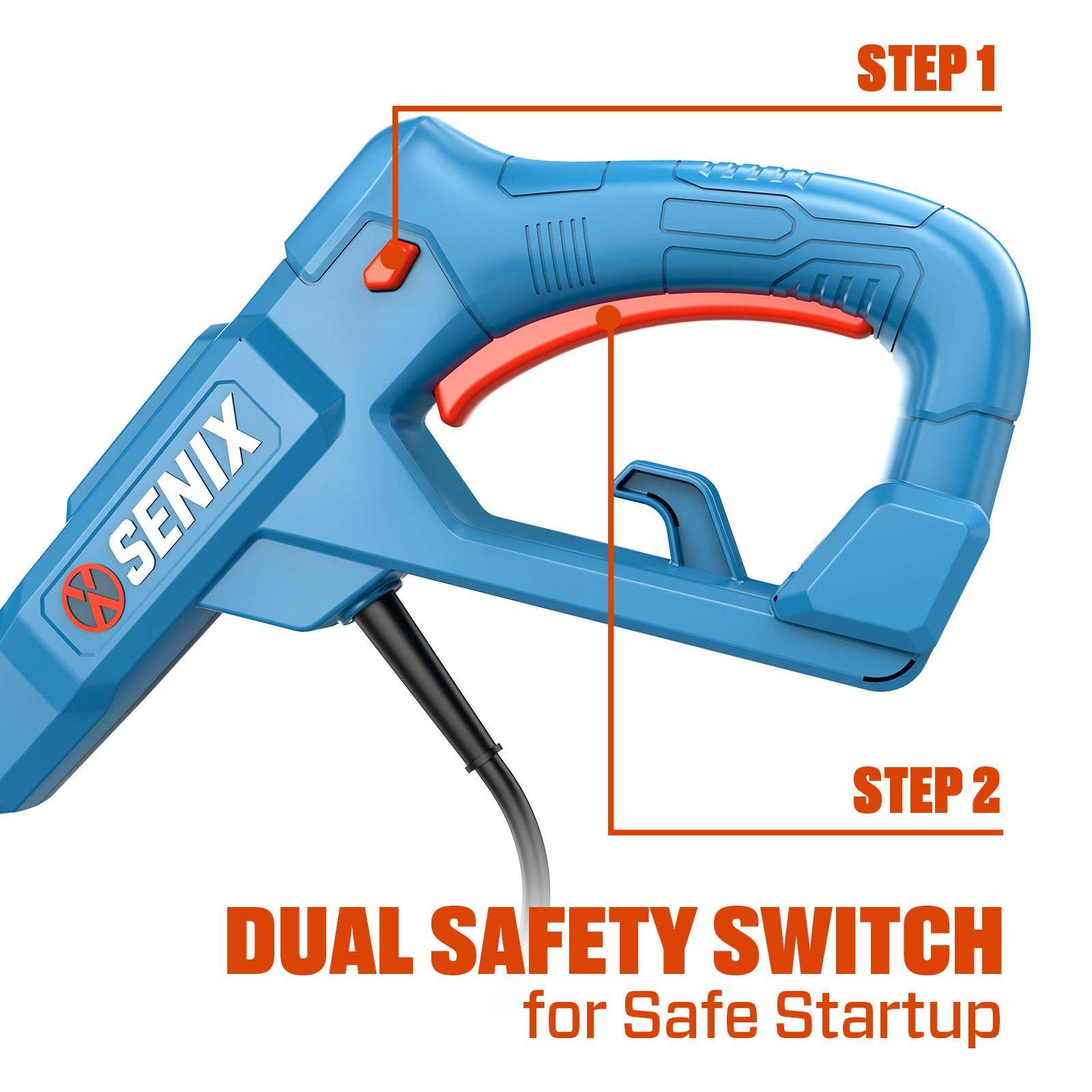 Sure, here is the corrected and grouped text:

---

**STEP 1**

**STEP 2**

**DUAL SAFETY SWITCH for Safe Startup**

---

**SENIX**
