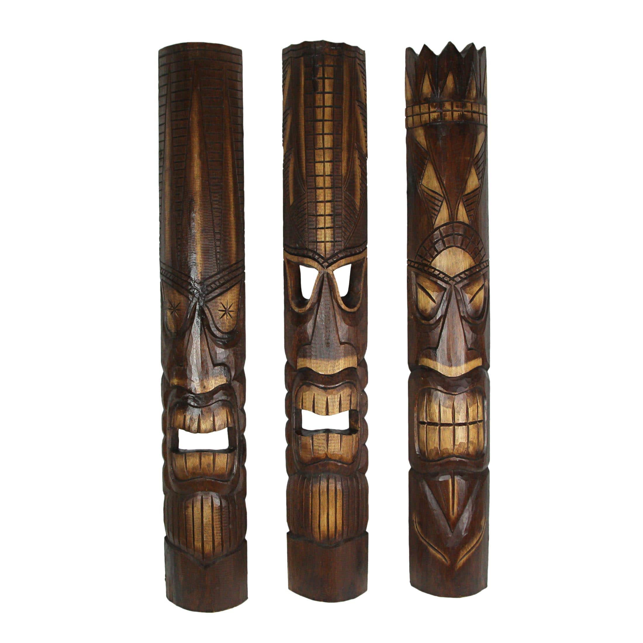 Zeckos - 40 Inch Carved Wood Tiki God Masks Tropical Beach Hawaiian Home Decor Set of 3 - Brown