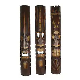 Zeckos - 40 Inch Carved Wood Tiki God Masks Tropical Beach Hawaiian Home Decor Set of 3 - Brown