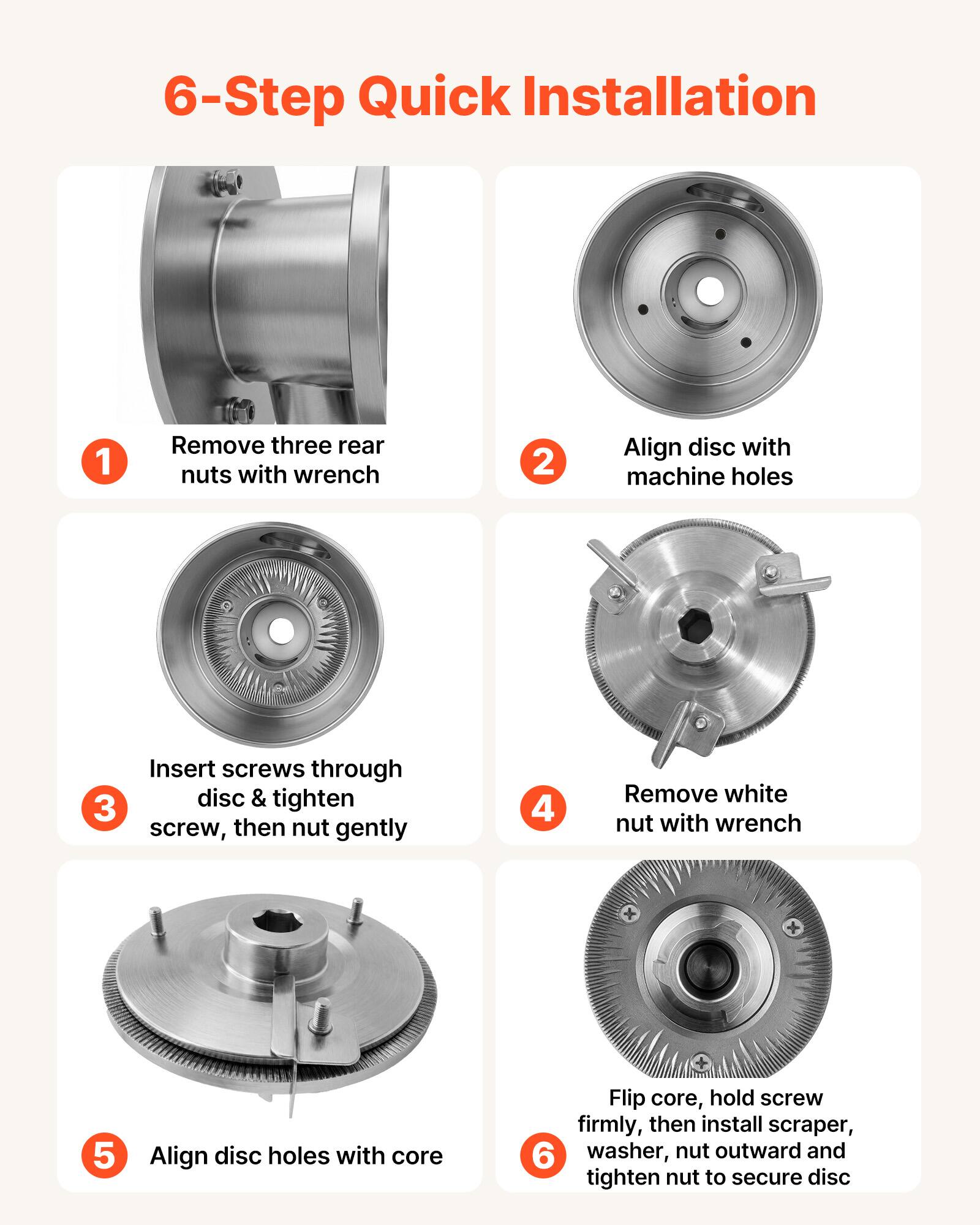 6-Step Quick Installation

1. Remove three rear nuts with wrench
2. Align disc with machine holes
3. Insert screws through disc & tighten screw, then nut gently
4. Remove white nut with wrench
5. Align disc holes with core
6. Flip core, hold screw firmly, then install scraper, washer, nut outward and tighten nut to secure disc
