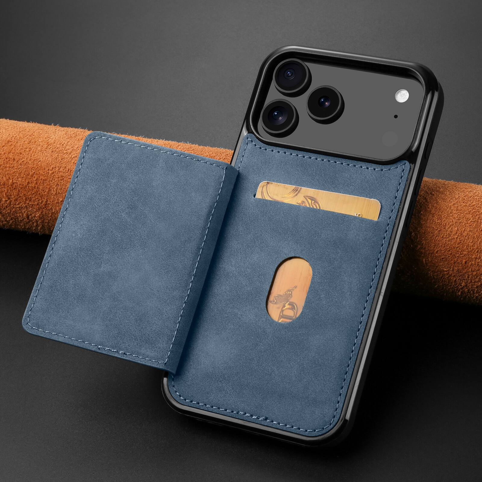 Angle. Dteck - Dteck RFID Blocking Back Wallet Case for iPhone 17 Pro Max, Shockproof PU Leather Kickstand Rugged Cover - Blue.