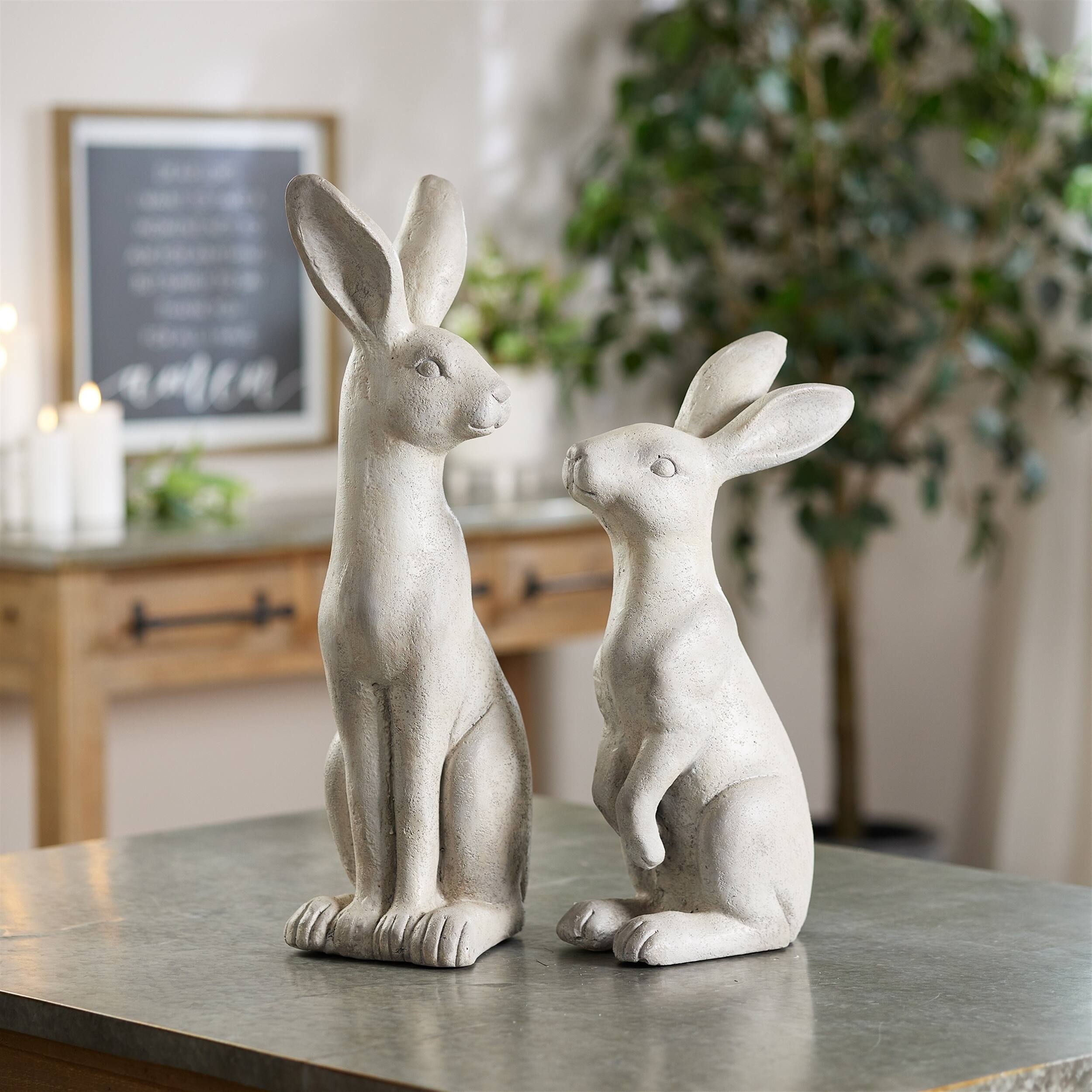Angle. BreeBe - Natural Stone Sitting Rabbit Statue (Set of 2) - Grey.