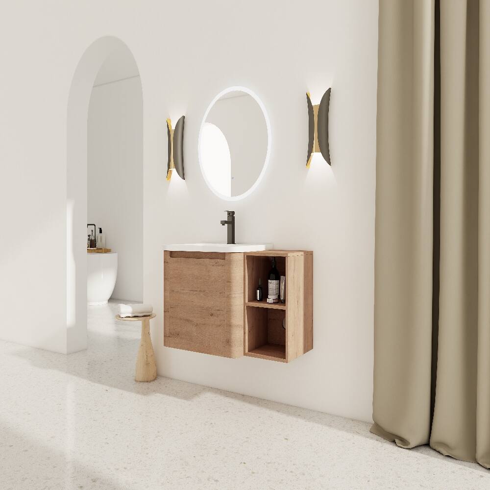 Back. Loheer - Loheer 36 inch wall mounted bathroom vanity with white ceramic sink and storage shelves, Imitative Oak - Imitative Oak.