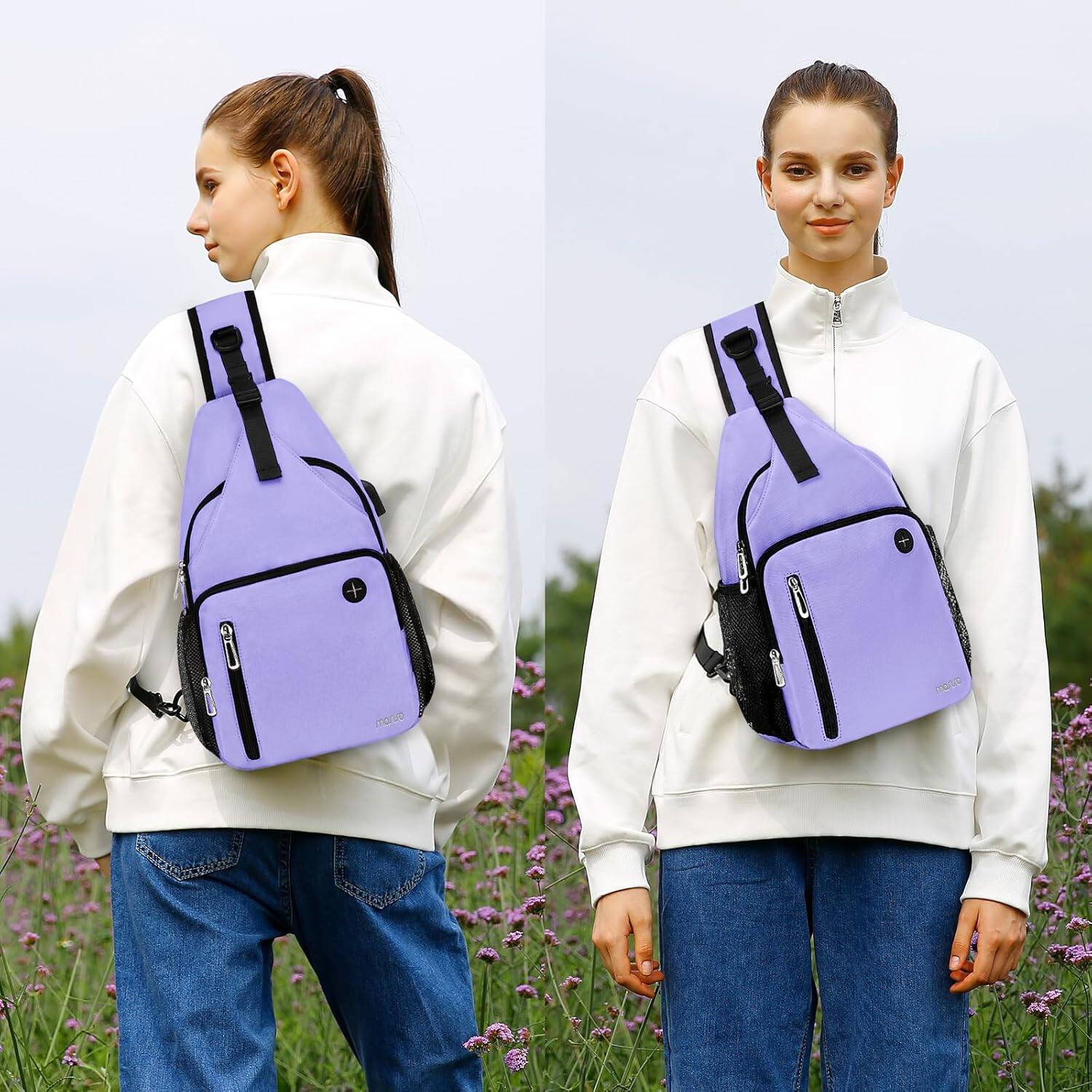 Alt View 3. mosiso - Sling Bag Crossbody Shoulder Bag Travel Hiking Daypack Chest Bag with Front Square Pocket&USB Charging Port - Plum.