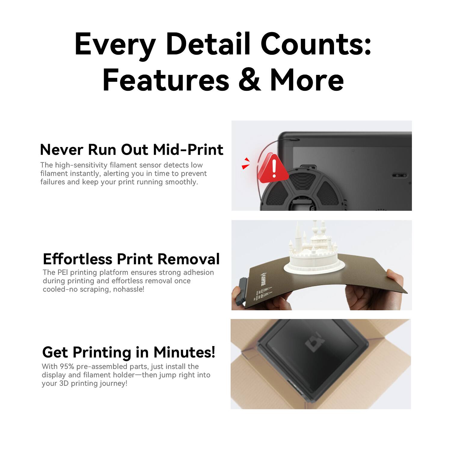 Every Detail Counts: Features & More

Never Run Out Mid-Print  
The high-sensitivity filament sensor detects low filament instantly, alerting you in time to prevent failures and keep your print running smoothly.

Effortless Print Removal  
The PEI printing platform ensures strong adhesion during printing and effortless removal once cooled—no scraping, no hassle!

Get Printing in Minutes!  
With 95% pre-assembled parts, just install the display and filament holder—then jump right into your 3D printing journey!