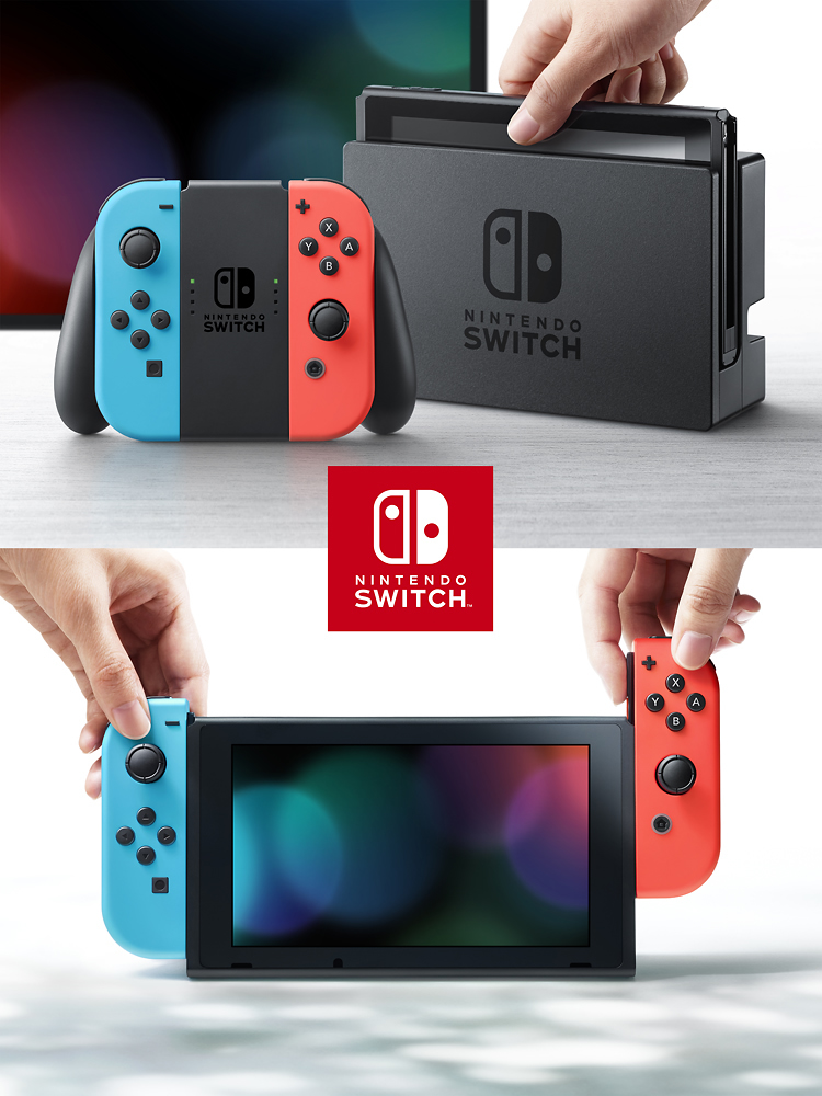 nintendo switch with neon blue and red controllers