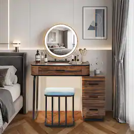 WELLFOR - Vanity Table Set with 3‑Color Lighted Mirror & Charging Station, Makeup Vanity Desk with with Stool &Drawers - Brown