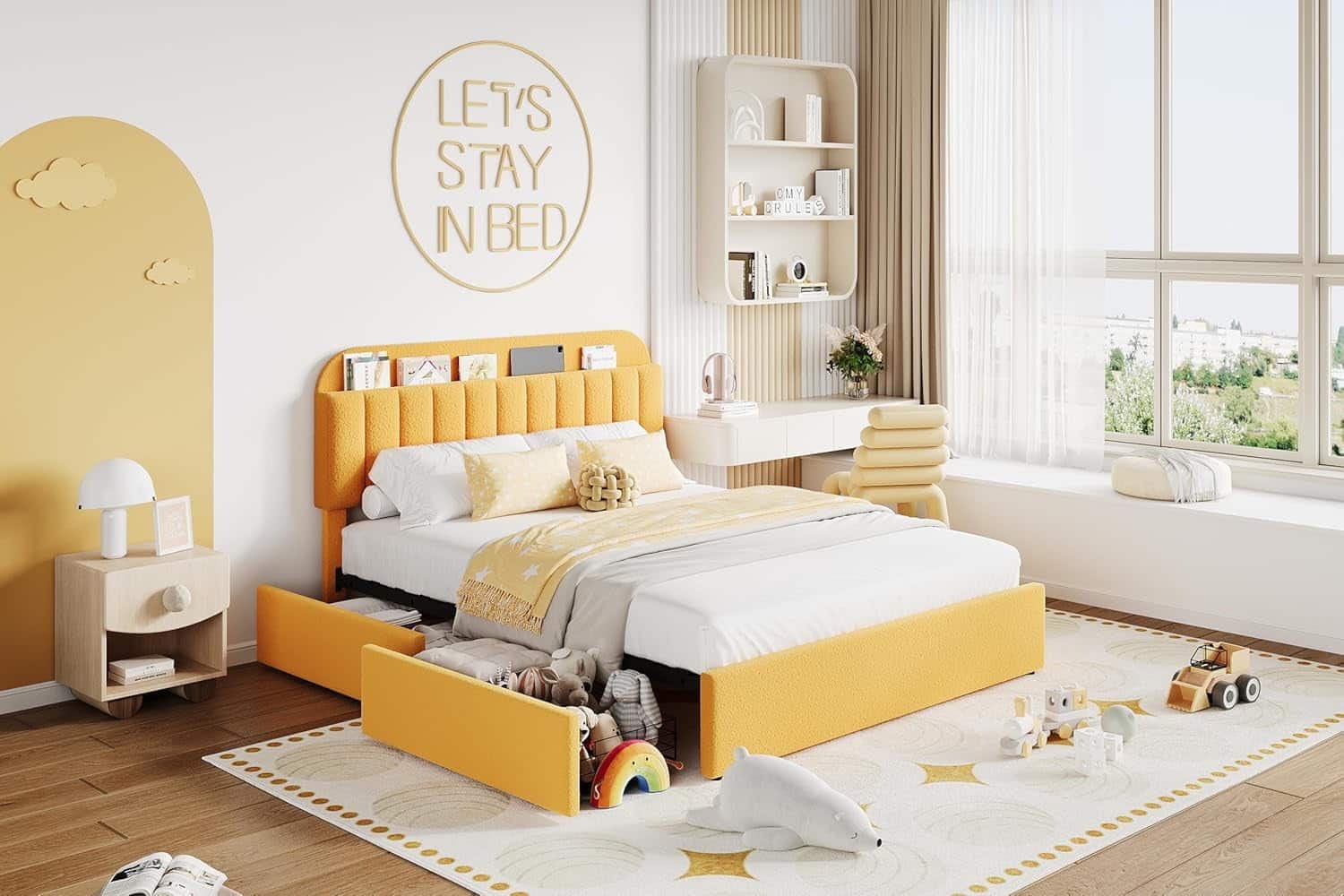 Qeetex - Full Bed Frame with Storage Headboard & 2 Rolling Drawers - Yellow
