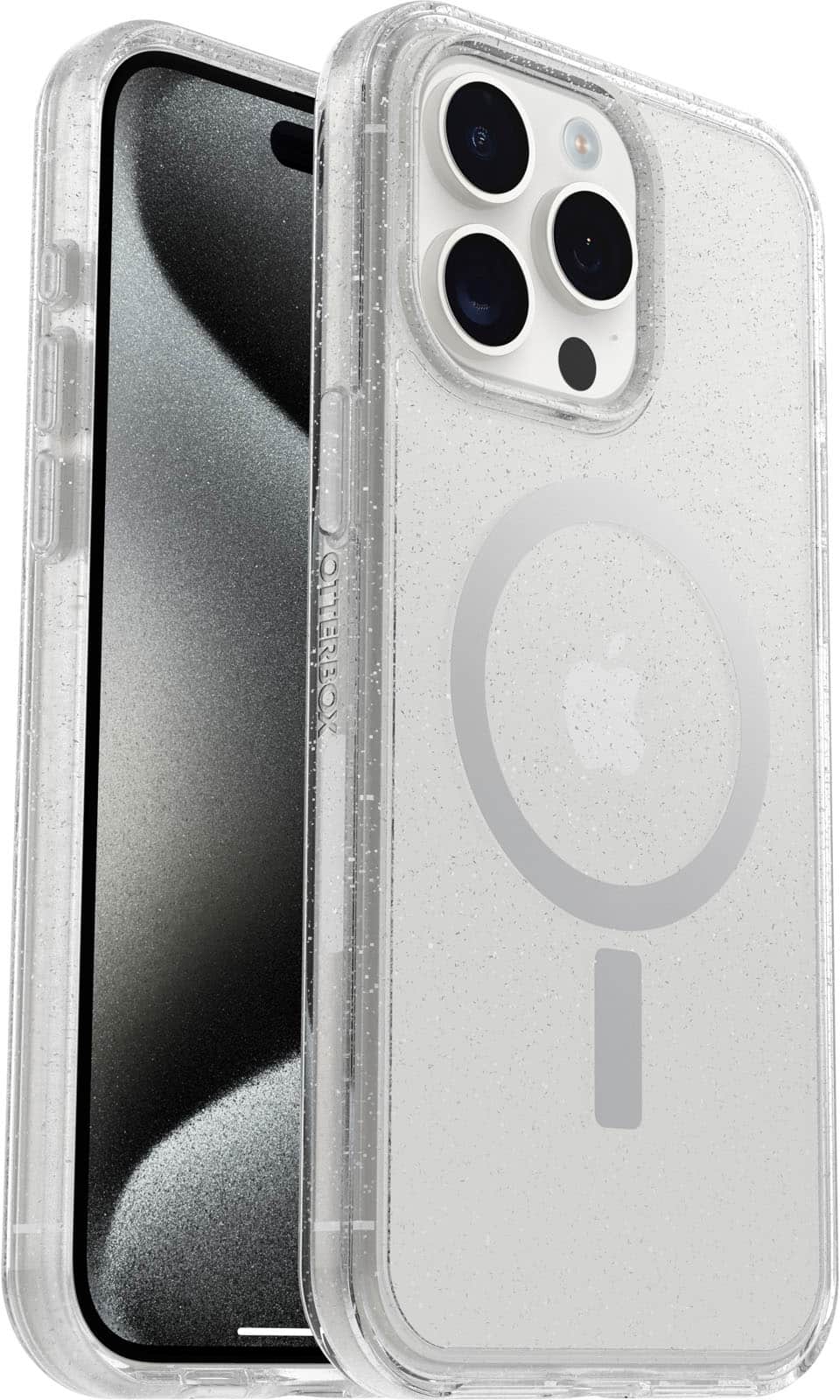 Left. OtterBox - Symmetry Series Hard Shell for MagSafe for Apple iPhone 15 Pro Max - Stardust.