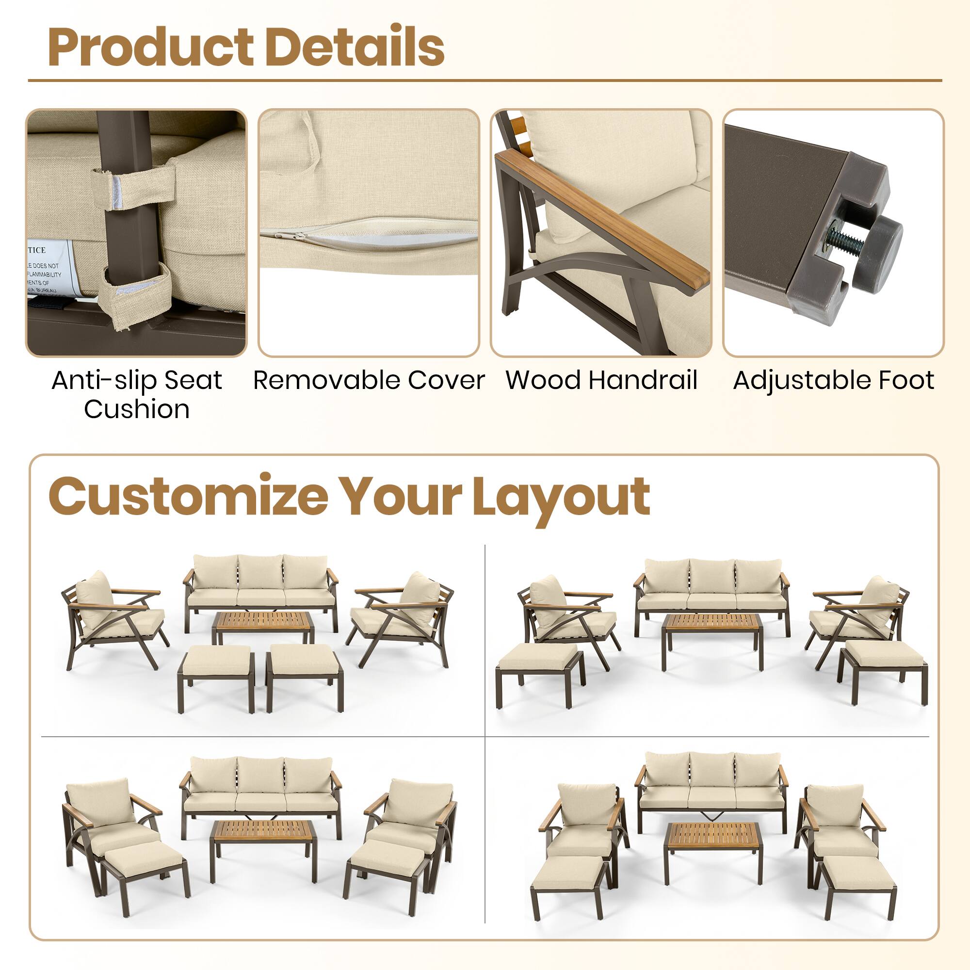 Product Details

- Anti-slip Seat Cushion
- Removable Cover
- Wood Handrail
- Adjustable Foot

Customize Your Layout