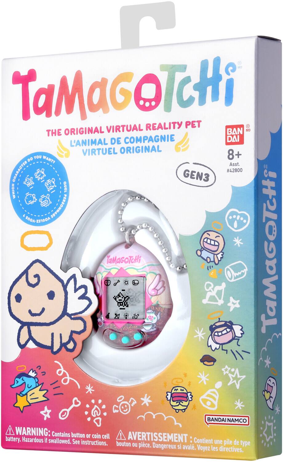 TaMaGoTcHi  
THE ORIGINAL VIRTUAL REALITY PET  
L'ANIMAL DE COMPAGNIE VIRTUEL ORIGINAL  

8+  
Asst. #42800  
GEN3  

Which character do you want?  
QUEL PERSONNAGE VOULEZ-VOUS?  

WARNING: Contains button or coin cell battery. Hazardous if swallowed. See instructions.  
AVERTISSEMENT : Contient une pile de type bouton ou pièce. Dangereux si avalé. Voyez les directives.  

BANDAI NAMCO