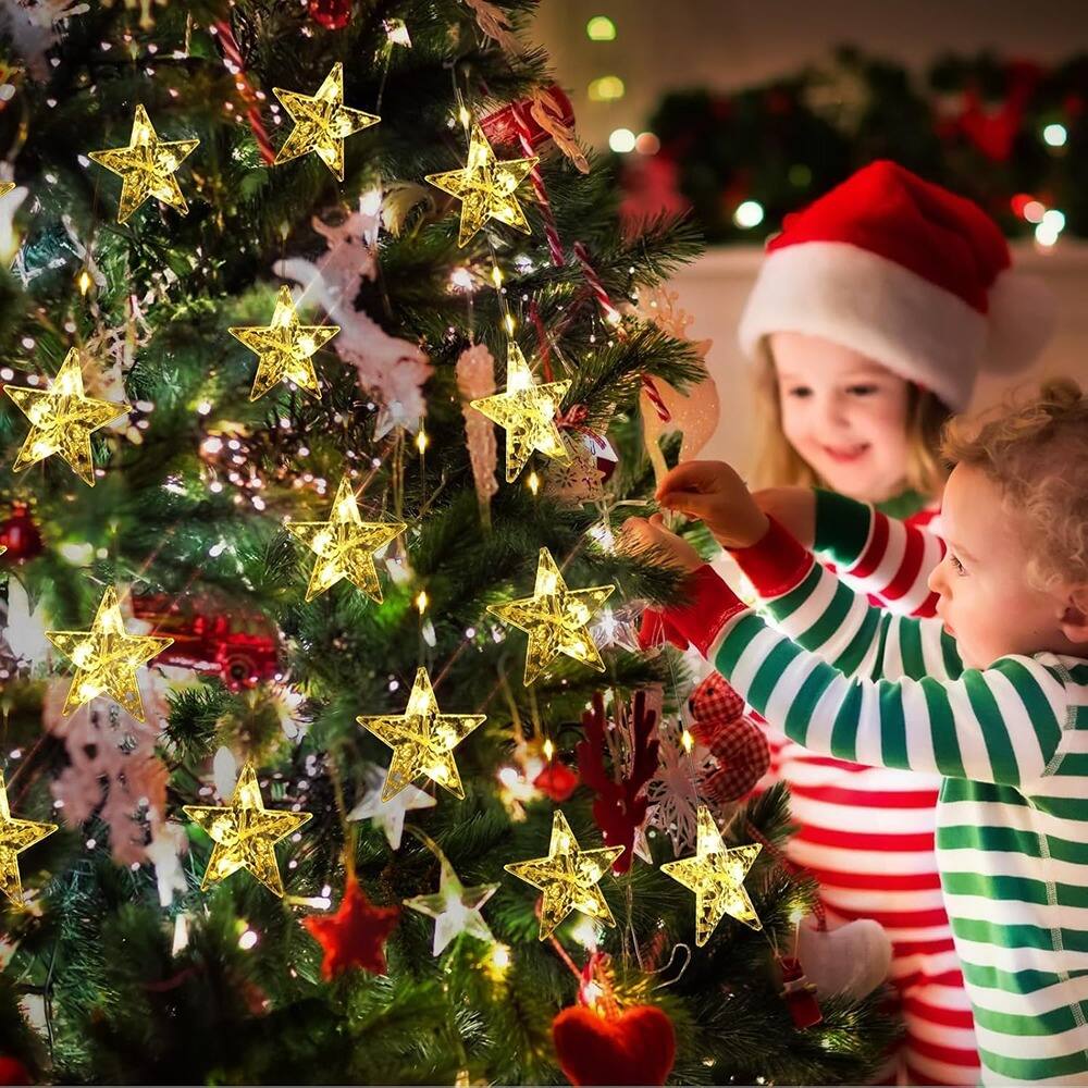 Alt View 3. MOSZAR LLC - 76 LED Star Curtain Lights, Warm White/Multicolor, 8 Modes, Waterproof.