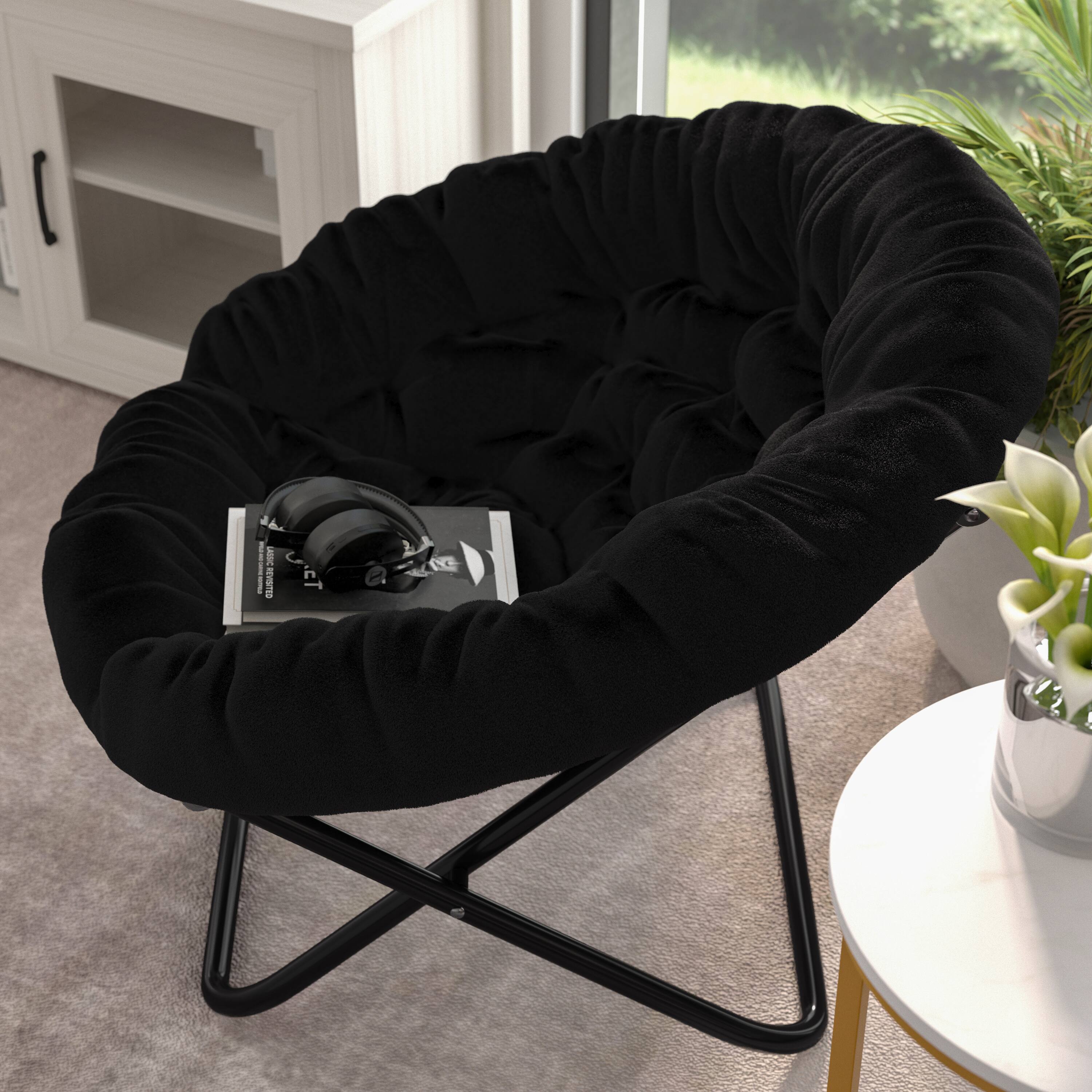 Alt View 3. Emma + Oliver - Ersa Oversize Folding Saucer Chair with Cozy Faux Fur Cushion and Metal Frame for Dorms, Bedrooms, Apartments and More - Black Faux Fur/Black Frame.