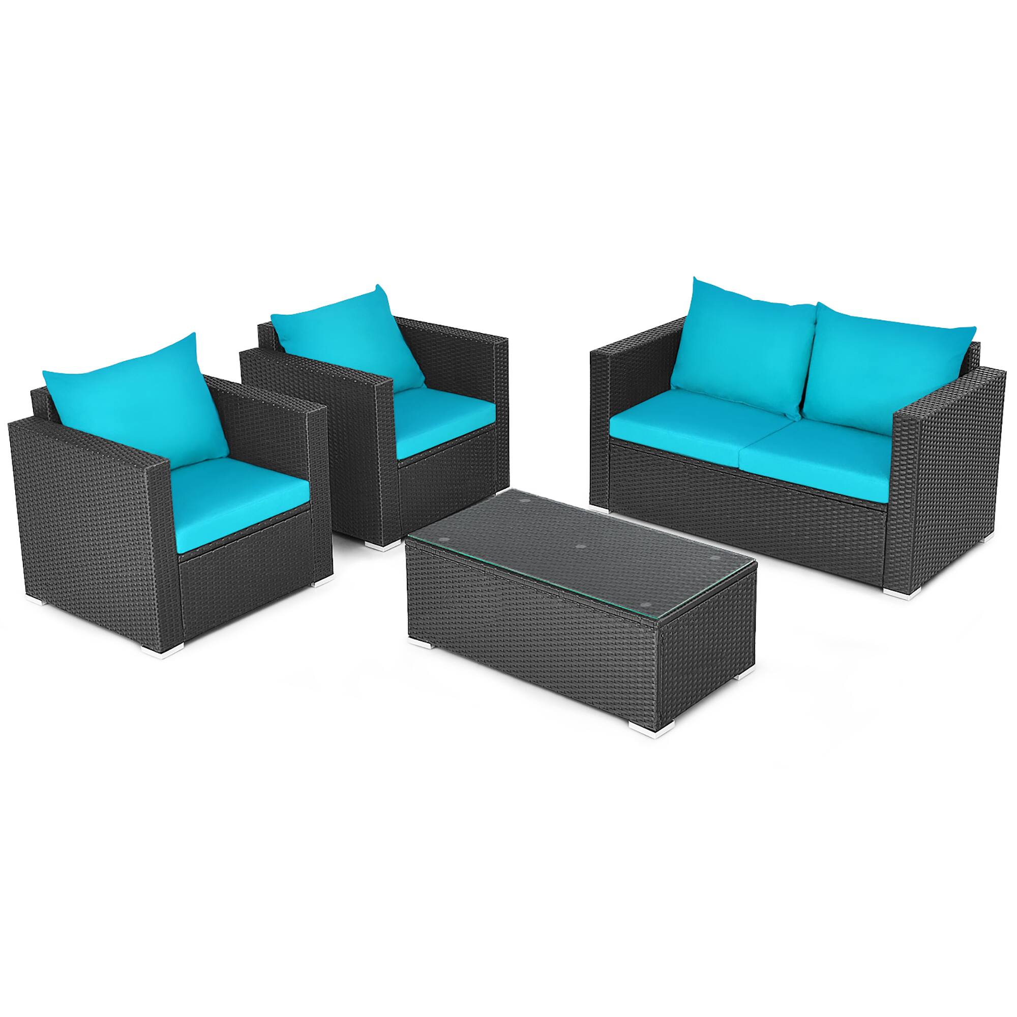 Alt View 9. Costway - Costway 4PCS Patio Rattan Cushioned Sofa Chair Coffee Table - black, Turquoise.