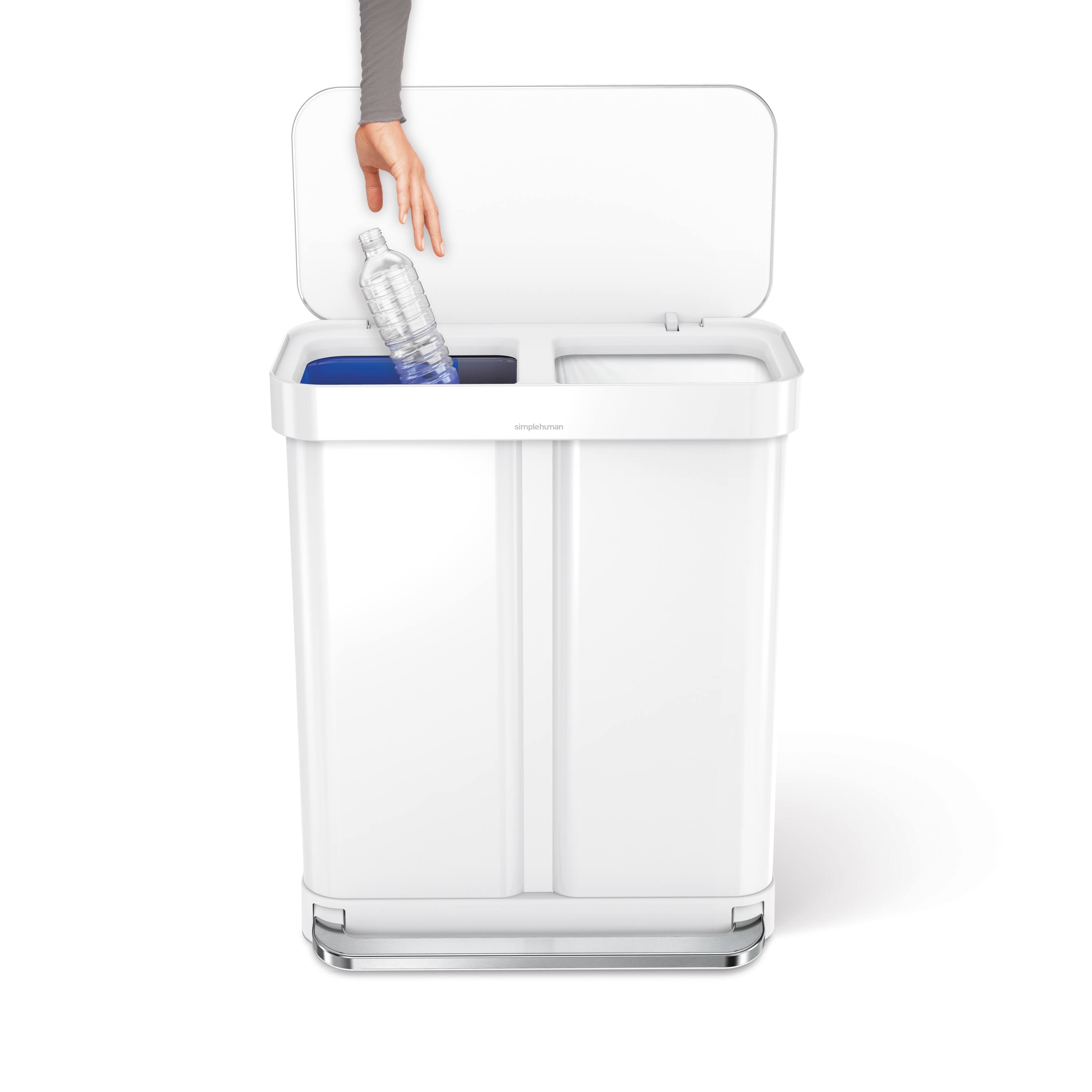 Alt View 2. simplehuman - 58L recycler rectangular step can, white steel - White.