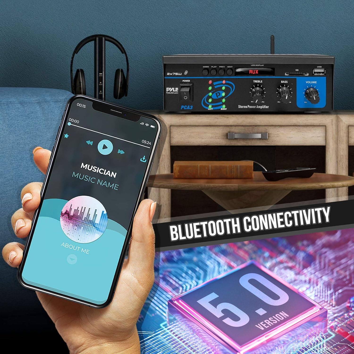 - AUX
- PURES TREBLE BASE VOLUME
- PYLE
- PCA3
- Stereo Power Amplifier
- 00:00 " 05:24
- MUSICIAN NAME
- ABOUT ME
- BLUETOOTH CONNECTIVITY
- 5.0 VERSION