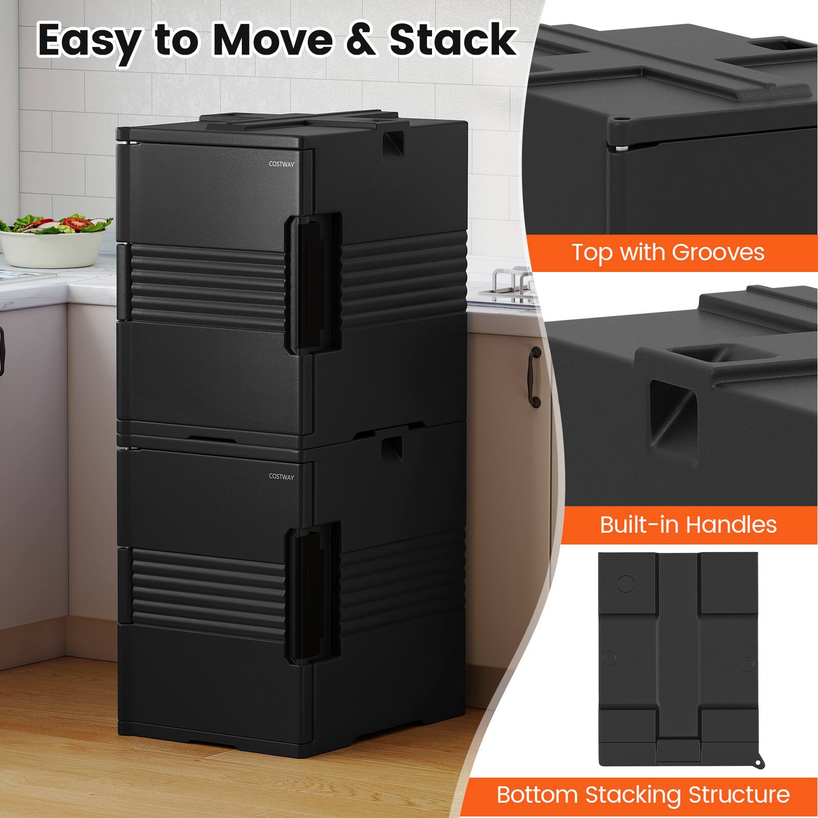 Easy to Move & Stack  
COSTWAY Top with Grooves  
Built-in Handles  
Bottom Stacking Structure