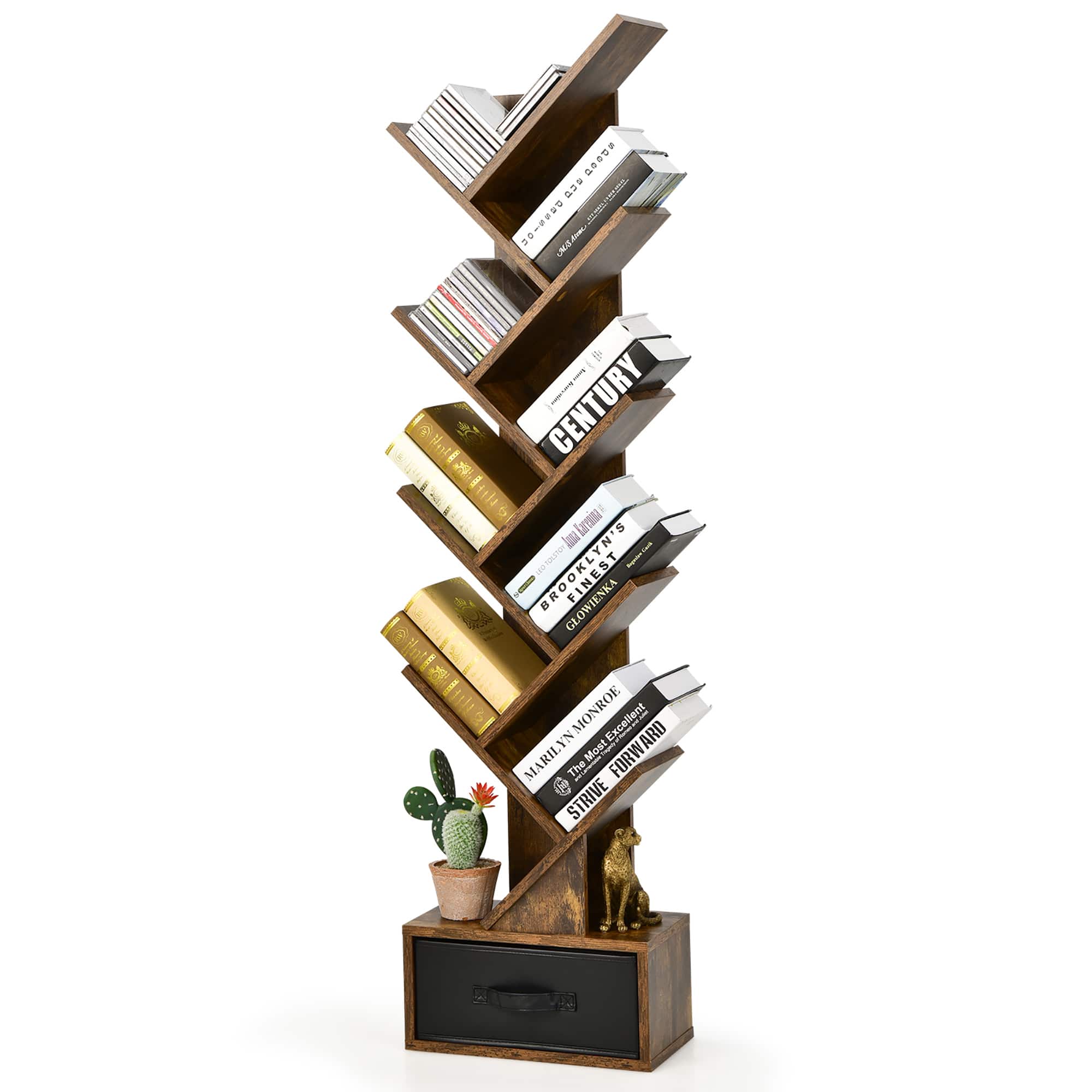 Costway - 10-tier Tree Bookshelf with Drawer Free-standing Storage Bookcase - Rustic Brown