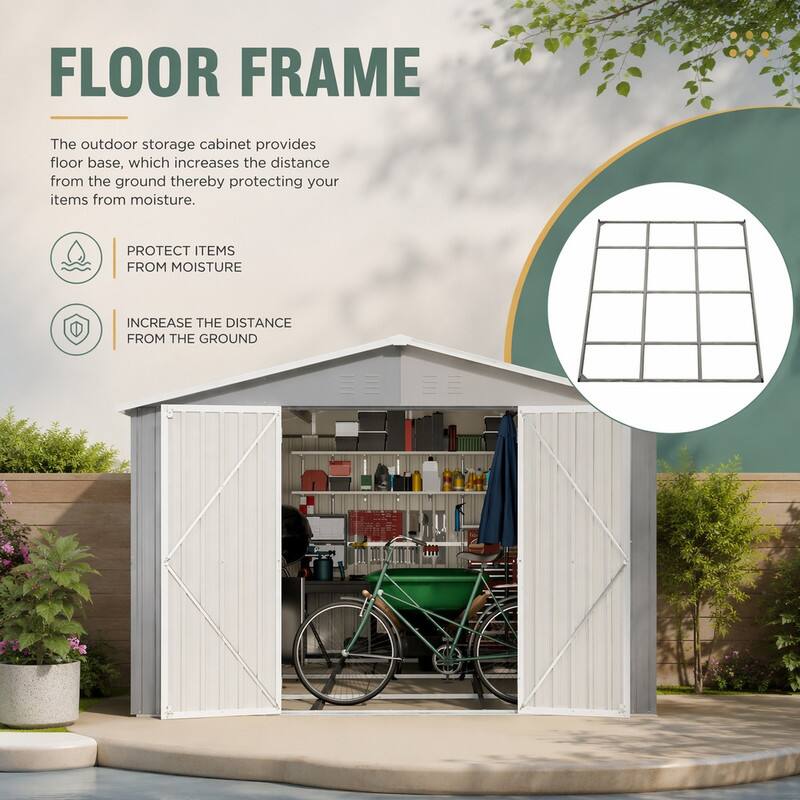 FLOOR FRAME

The outdoor storage cabinet provides floor base, which increases the distance from the ground thereby protecting your items from moisture.

- PROTECT ITEMS FROM MOISTURE
- INCREASE THE DISTANCE FROM THE GROUND