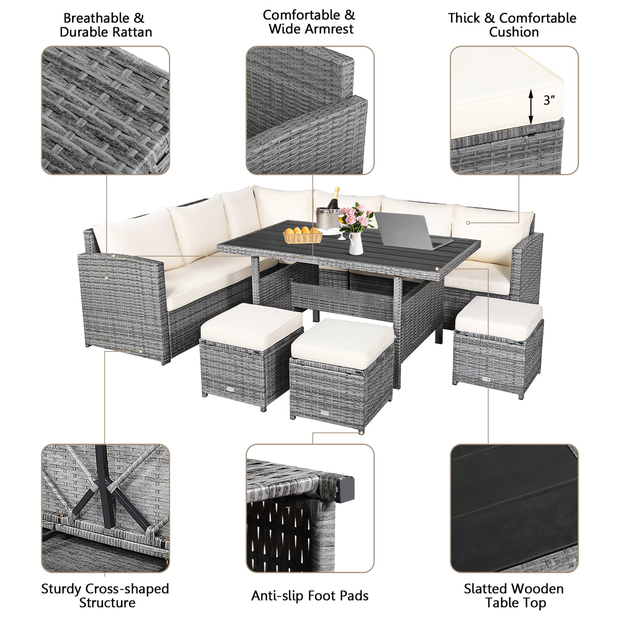 - Breathable & Durable Rattan
- Comfortable & Wide Armrest
- Thick & Comfortable Cushion (3")
- Sturdy Cross-shaped Structure
- Anti-slip Foot Pads
- Slatted Wooden Table Top