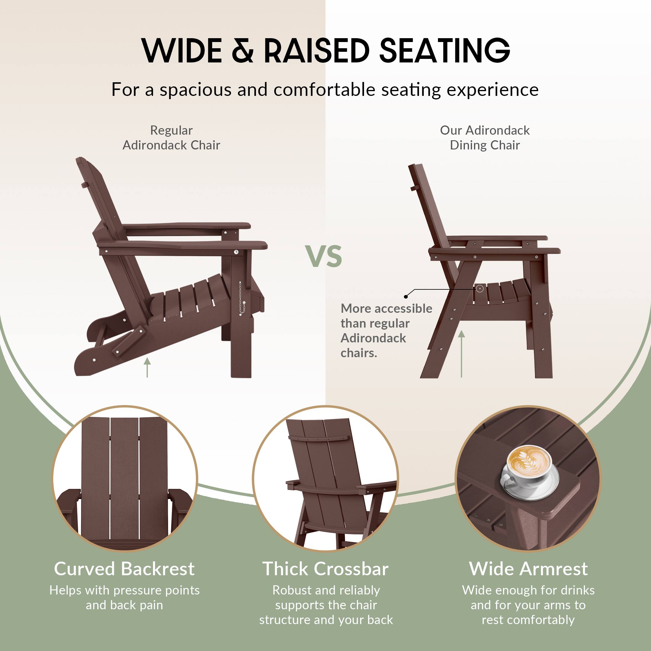 WIDE & RAISED SEATING  
For a spacious and comfortable seating experience

Regular Adirondack Chair  
VS  
Our Adirondack Dining Chair  
More accessible than regular Adirondack chairs.

- Curved Backrest  
  Helps with pressure points and back pain

- Thick Crossbar  
  Robust and reliably supports the chair structure and your back

- Wide Armrest  
  Wide enough for drinks and for your arms to rest comfortably