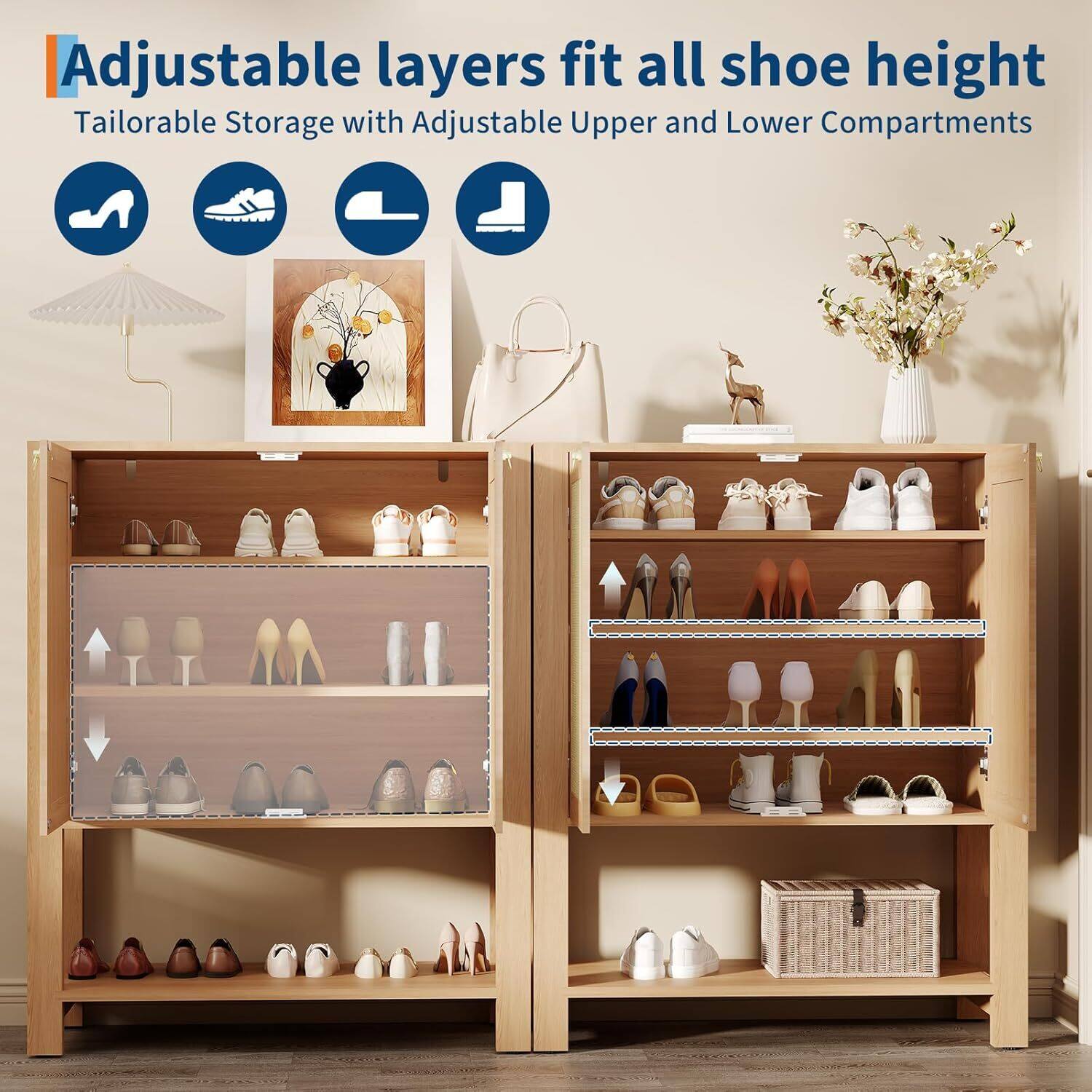 Adjustable layers fit all shoe height  
Tailorable Storage with Adjustable Upper and Lower Compartments