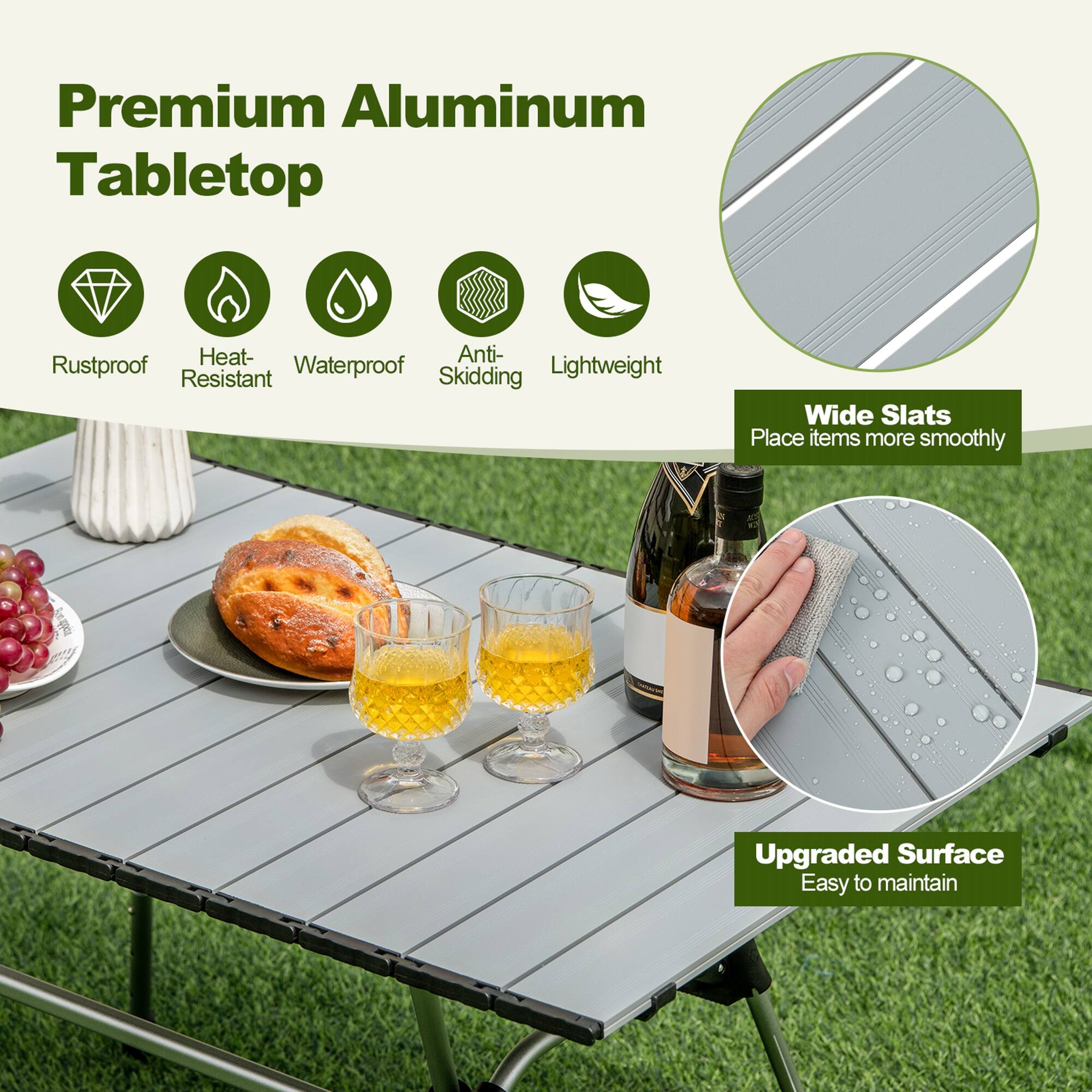Premium Aluminum Tabletop - Heat-Resistant, Anti-Rustproof, Waterproof, Skidding, Lightweight, Wide Slats, Place items more smoothly, Upgraded Surface, Easy to maintain.