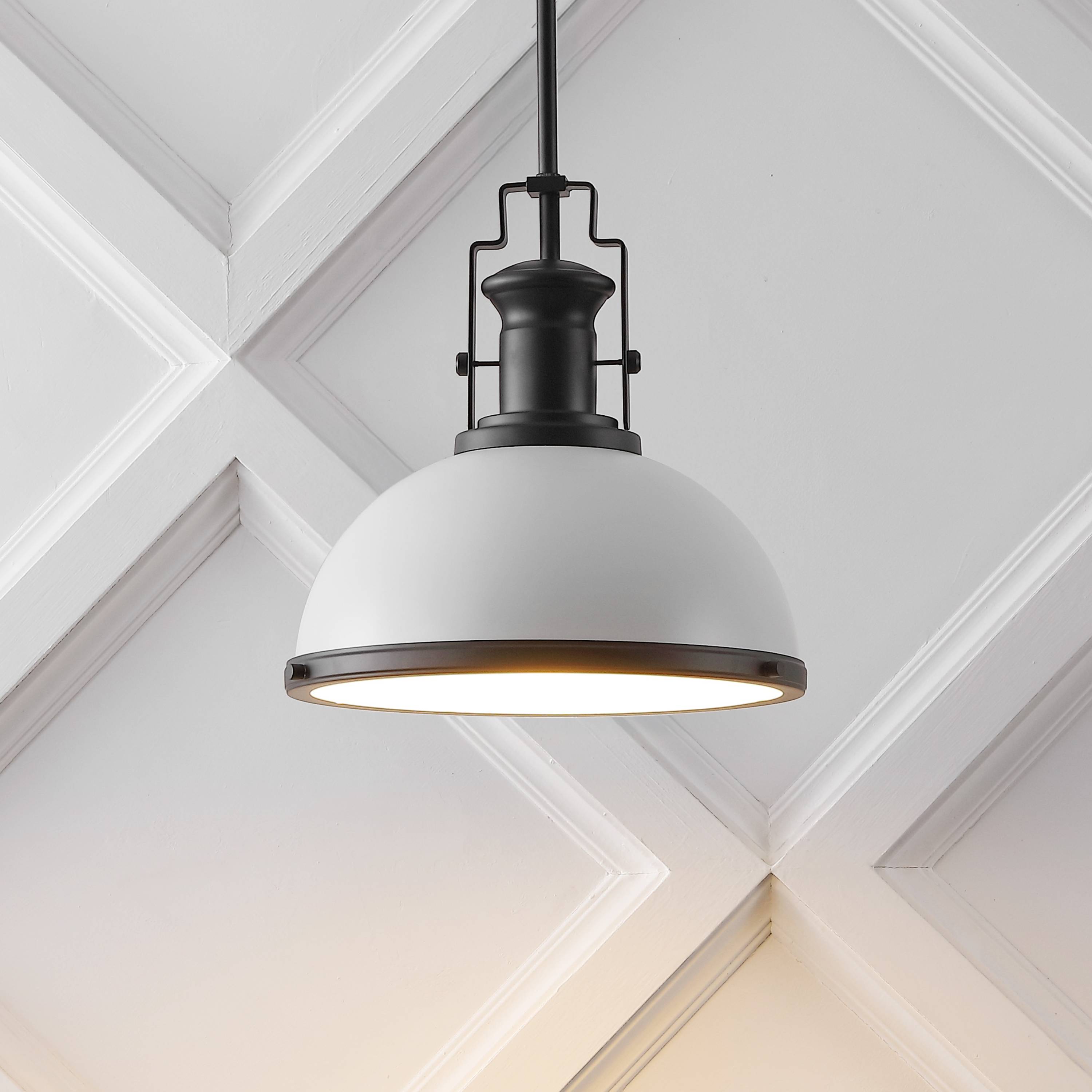 Alt View 1. Jonathan Y - Homer 13" 1-Light Modern Industrial Metal LED Dome Pendant, White/Matte Black - White/Matte Black.