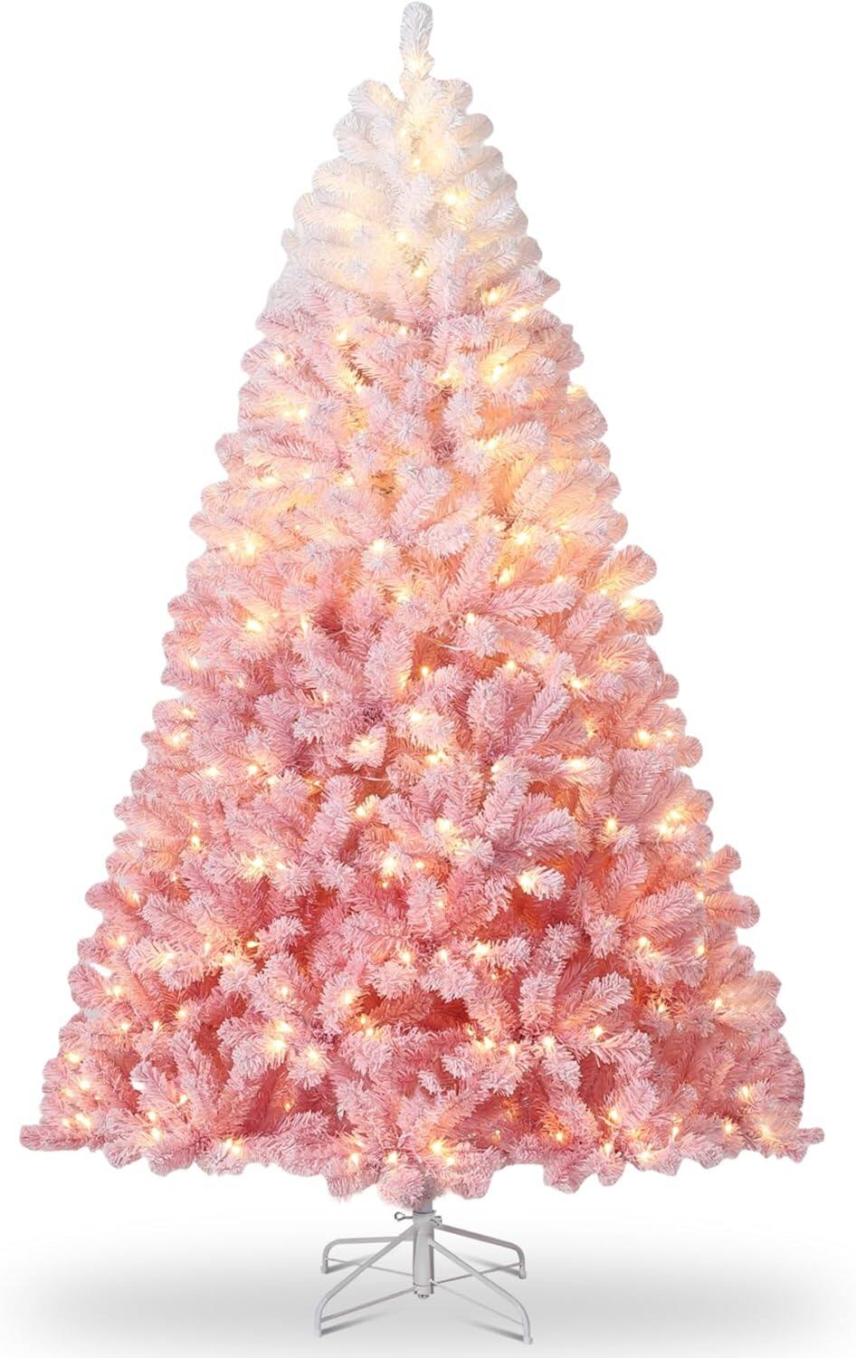 Front. Maxxis Merch - 4.5 ft Pink Christmas Tree with 100 LED Lights, Snow Frosted Tips, Metal Stand, Holiday Home Decoration - Pink.