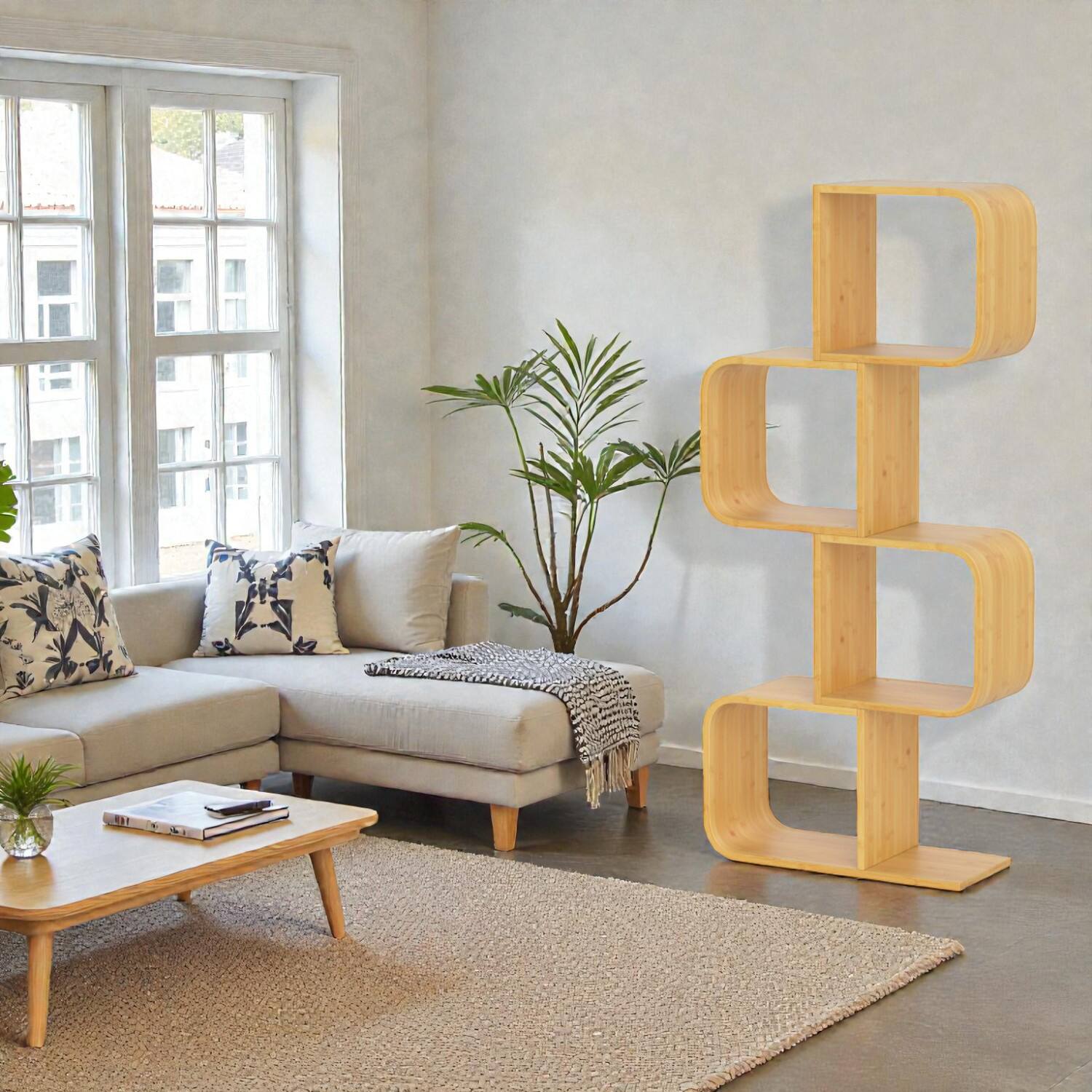 Front. Hivvago - Space-Saving 4-Tier Bamboo Organizer with Decorative S-Form Shelves - Natural.