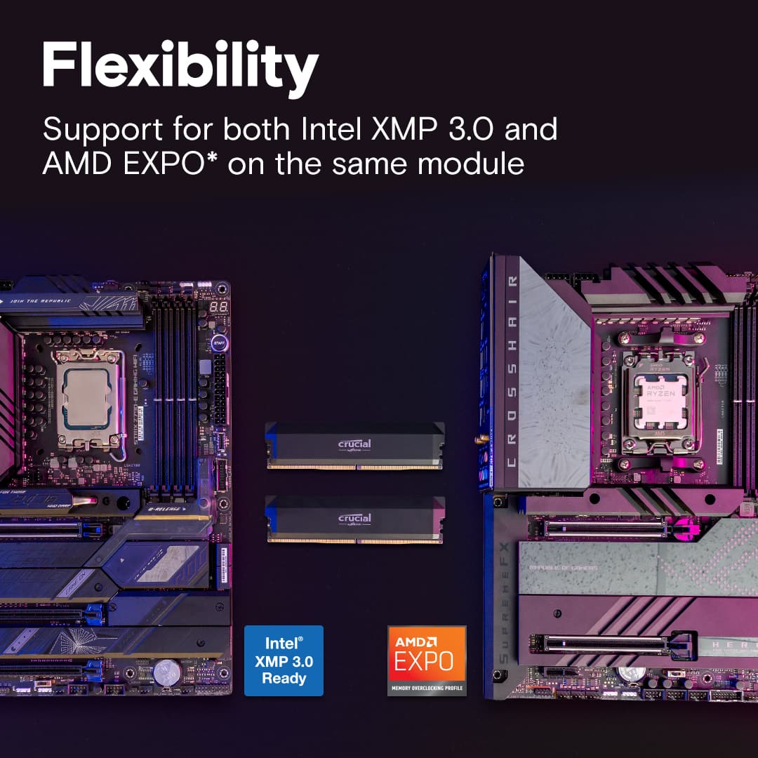 Flexibility: Support for both Intel XMP 3.0 and AMD EXPO on the same module.