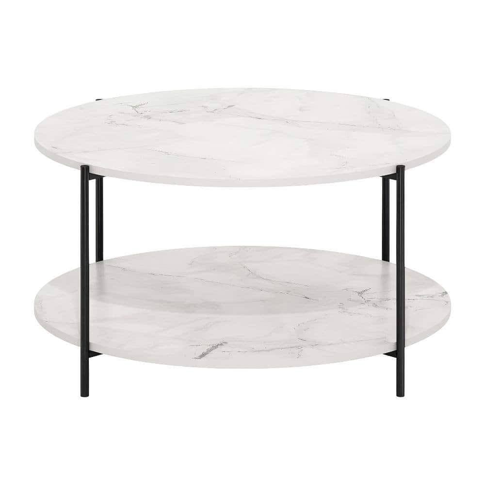 FurniFact - Round Marble White 2-Tier Coffee Table with Sturdy Metal Legs and Storage Space - Marble White, Black