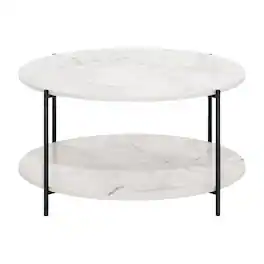 FurniFact - Round Marble White 2-Tier Coffee Table with Sturdy Metal Legs and Storage Space - Marble White, Black