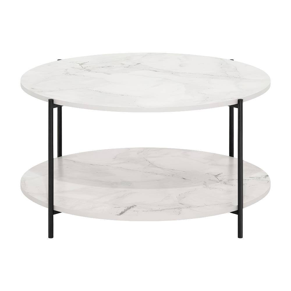 Front. FurniFact - Round Marble White 2-Tier Coffee Table with Sturdy Metal Legs and Storage Space - Marble White, Black.