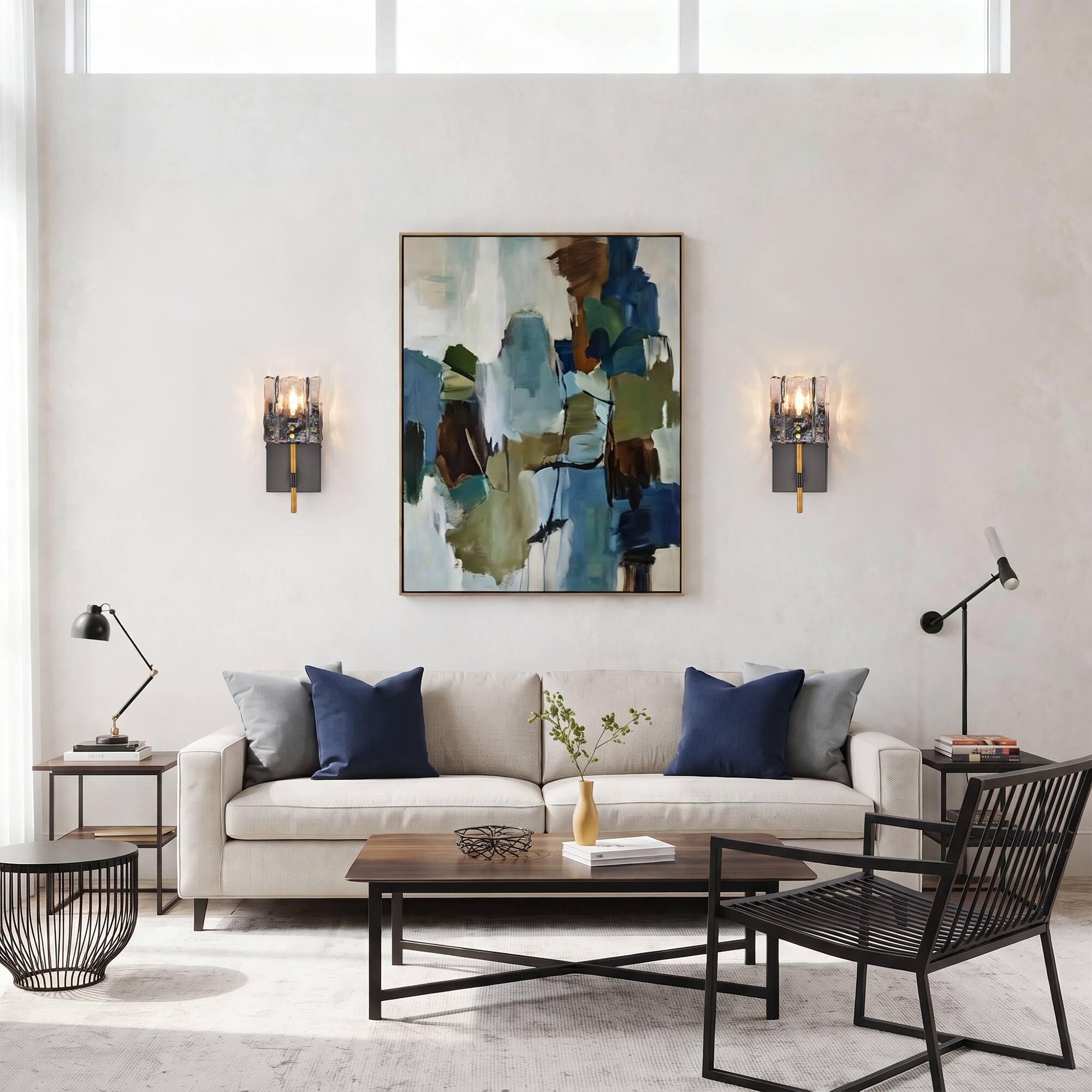 Left. Parrot Uncle - 11" Modern Smoked Hammered Glass 1 Light Wall Sconce for Bathroom Vanity, Bedroom, Hallway - Smoky Gray.