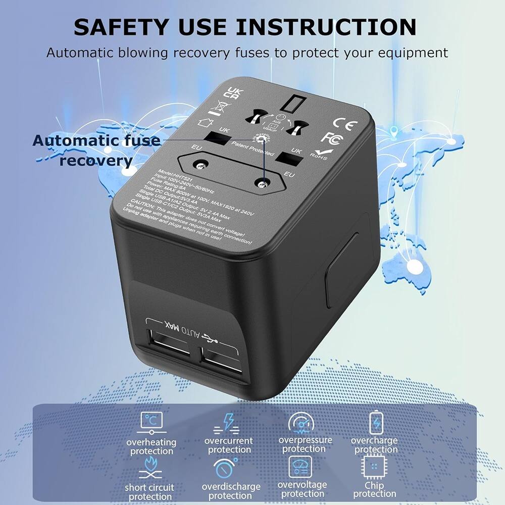 **SAFETY USE INSTRUCTION**

Automatic blowing recovery fuses to protect your equipment

**Automatic fuse recovery**

---

**Model:** HHT521

**Input:** 100V-240V, 50/60Hz, 1A

**Output:** 5V 2.4A

**Single USB output: 5V 2.4A**

**Single DC output: 5V 2.4A**

**CAUTION:**

- USB-C1/C2 USB 1/42 LA
- Do not output: MAX1920
- Unplug adapter and charger when not in use
- This output: SVJA av ol VOM
- Adapters do not require conversion, use earth voltage connection!

**MAX AUTO**

---

**Protection Features:**

- Overheating protection
- Overcurrent protection
- Overpressure protection
- Overcharge protection
- Short circuit protection
- Overdischarge protection
- Overvoltage protection
- Chip protection

---

**Certifications:**

- CE
- FCC
- UK
- RoHS

---

**Additional Information:**

- Patent FC Proti Veo UK ROHS recovery
- Sugnl