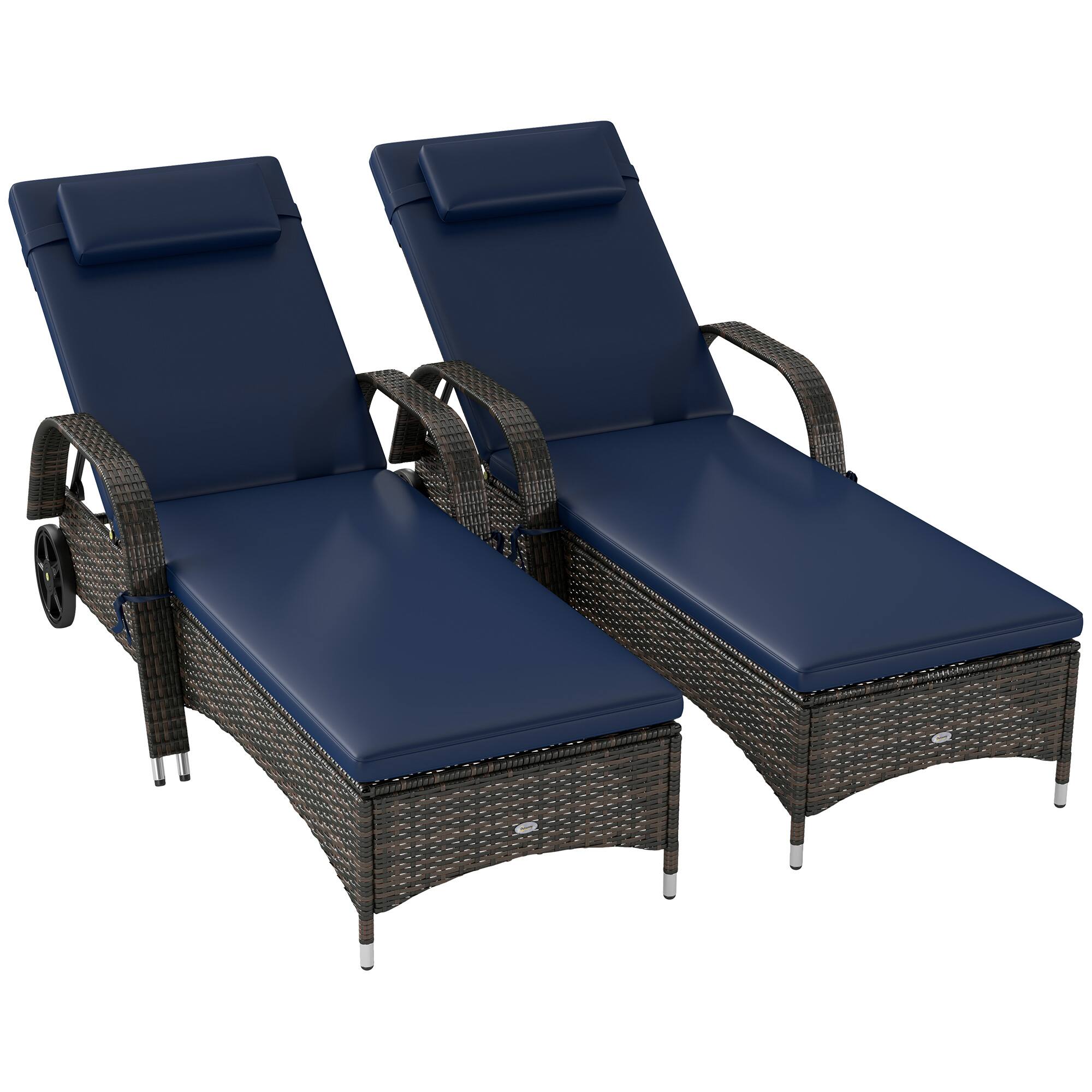 Front. Outsunny - Reclining Chaise Lounge Chairs, Rolling Outdoor Chairs with Cushion, Pillow, Headrest, Armrests, and Wheels - Mixed Brown, Dark Blue;.