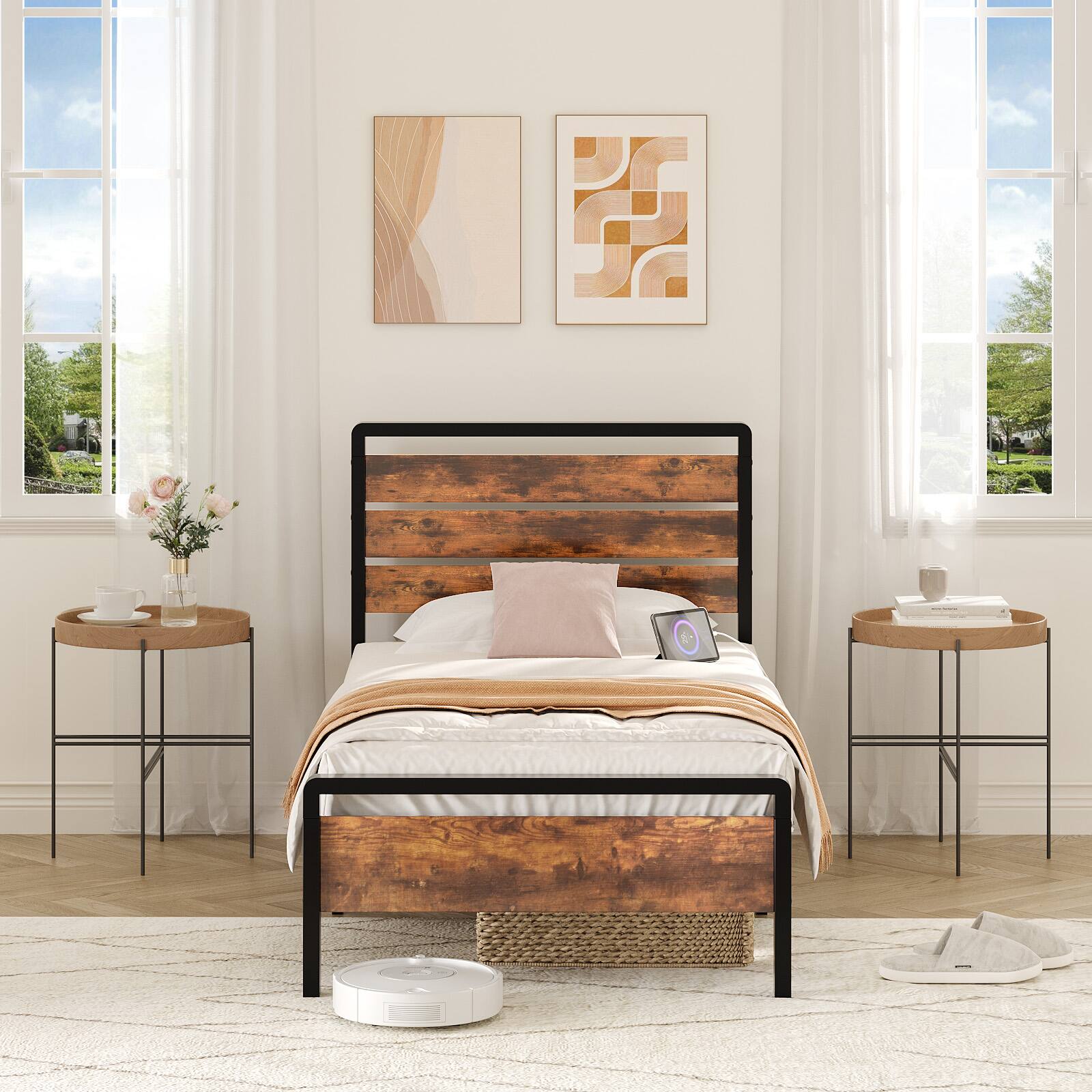 Alt View 9. Winado - Twin Size Platform Bed Frame with LED Headboard, USB Charging Station, Metal Panel Bed with 12" Under Bed Storage Space - Industrial Brown.