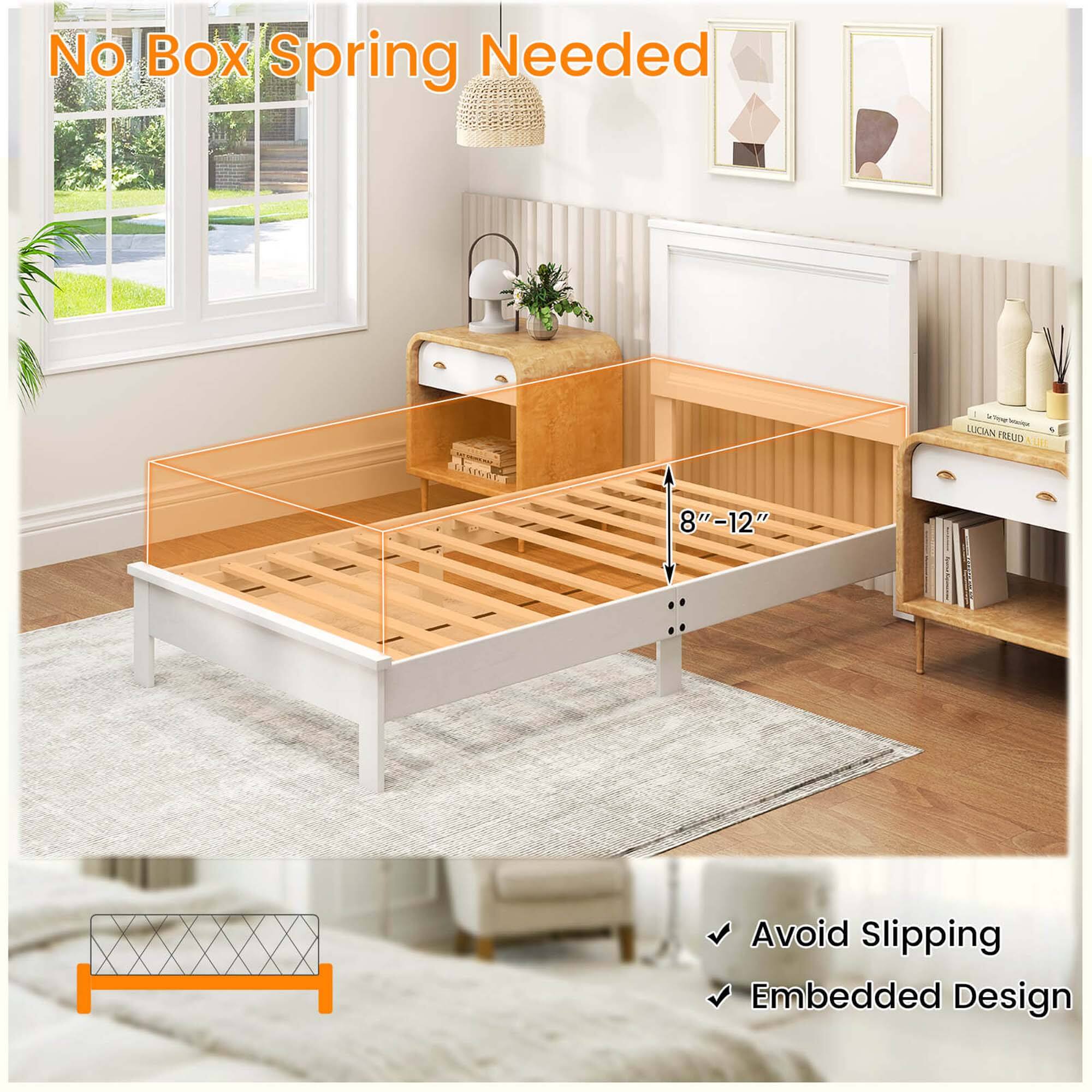 The text on the image is grouped as follows:

"No Box Spring Needed"
"LUCIAN 1R/2S 4 Las 8"-12" Avoid Slipping Embedded Design"