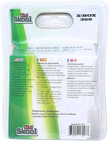 Old Skool  
X-BOX 360  
X-BOX 360  

Product Information  
Información del Producto  
Information produit  

Charge your X-360 directly using cable.  
Carque su X-360 directamente a través de cable de carga.  
Chargez votre X-360 directement en utilisant le câble de chargement.  

Up to 18 hours time from a single charge.  
Hasta 18 horas de tiempo de reproducción con una sola carga.  
Jusqu'à 18 heures de temps de jeu à partir d'une seule charge.  

Built in overcharge protection.  
Construido en protección sobrecarga.  
Construit en protection surcharge.  

Attention  
Atención  

1. Do not leave in direct sunlight for extended periods of time.  
1. No deje en la luz solar directa durante periodos prolongados.  
1. Ne laissez pas en plein soleil pendant de longues périodes.  

2. Store in a cool dry place.  
2. Almacéne en un lugar fresco y seco.  
2. Rangez dans un endroit frais et sec.  

3. Clean